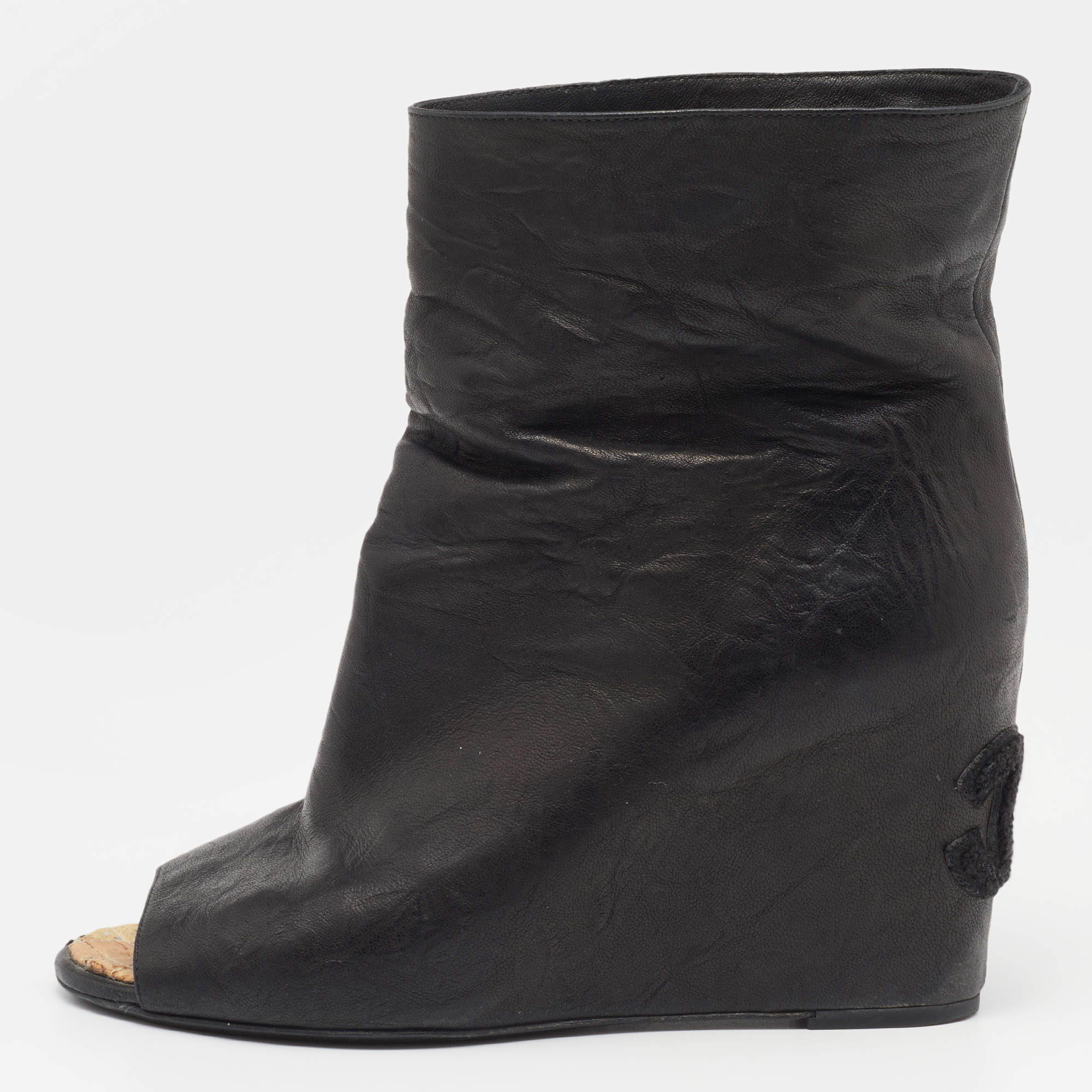 Pre Owned Chanel Black Leather Peep Toe Wedge Ankle Boots Size 40