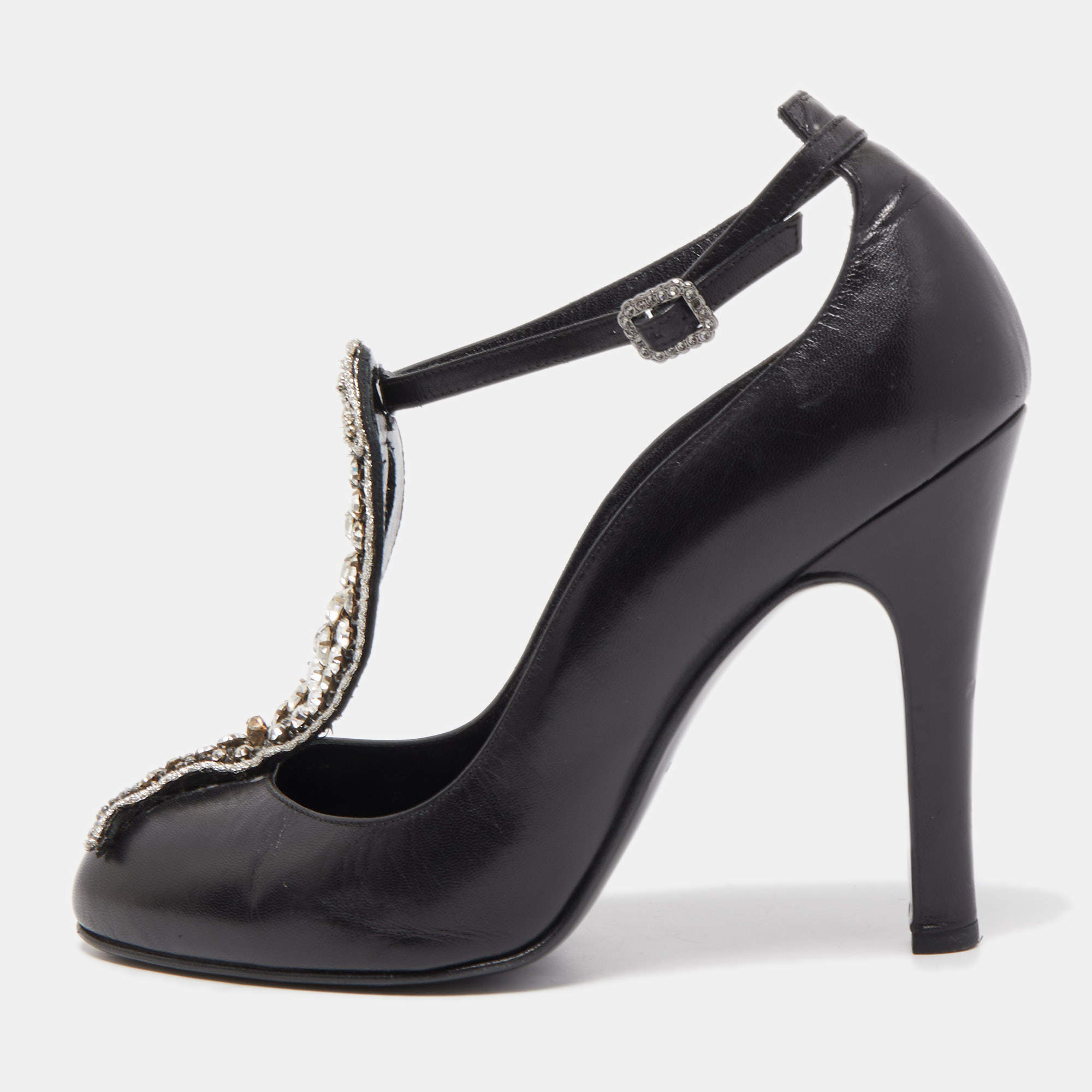 Chanel Black Leather Crystal Embellished T-Strap Pumps Size 38 price in  Saudi Arabia