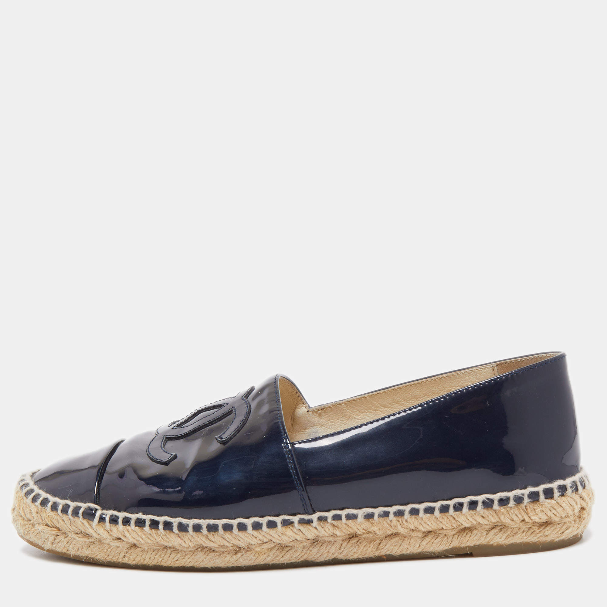 Chanel Black Patent Leather CC Espadrille Flats Size 39