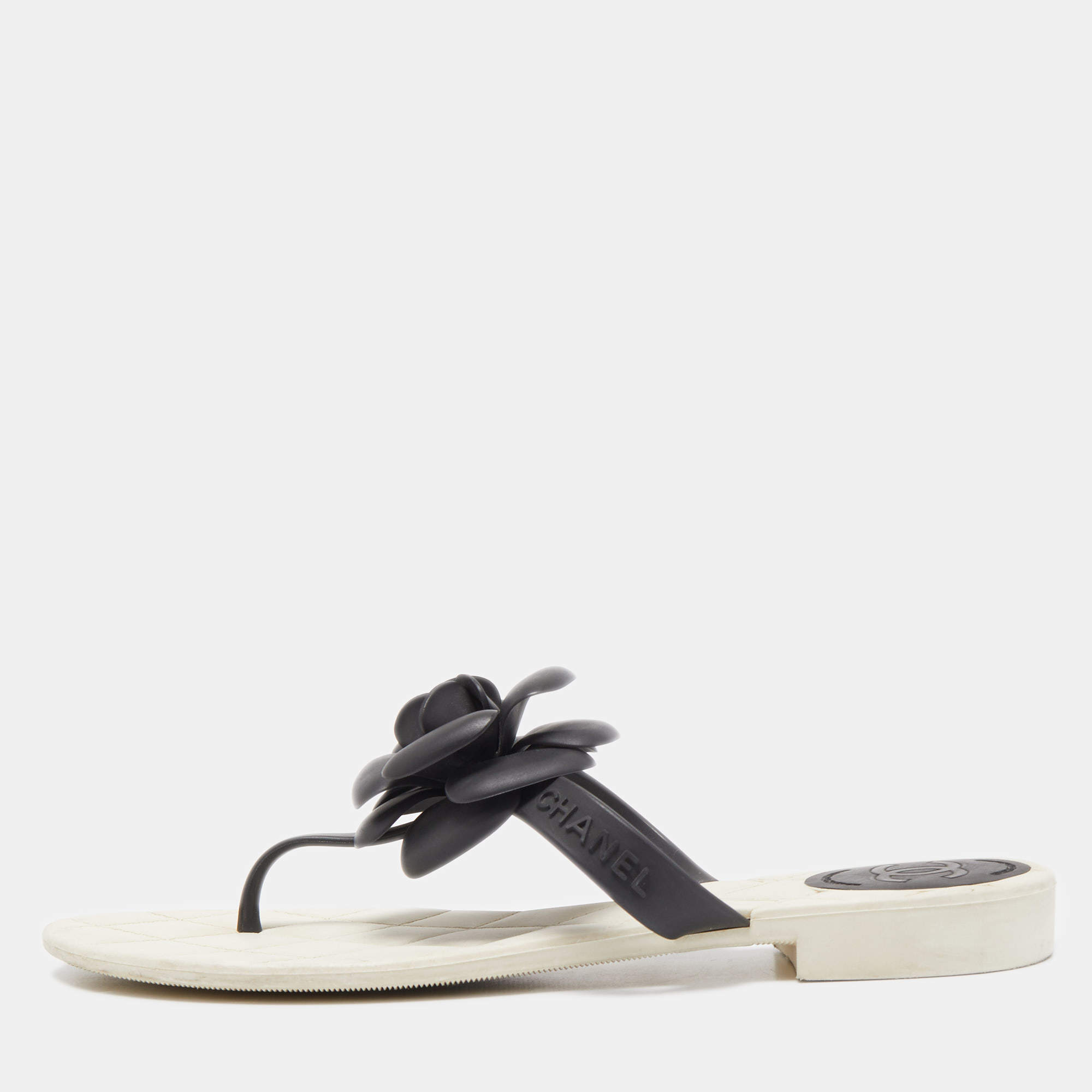 Pre Owned Chanel Black/White Rubber Accent Camellia Thong Flats Size 37
