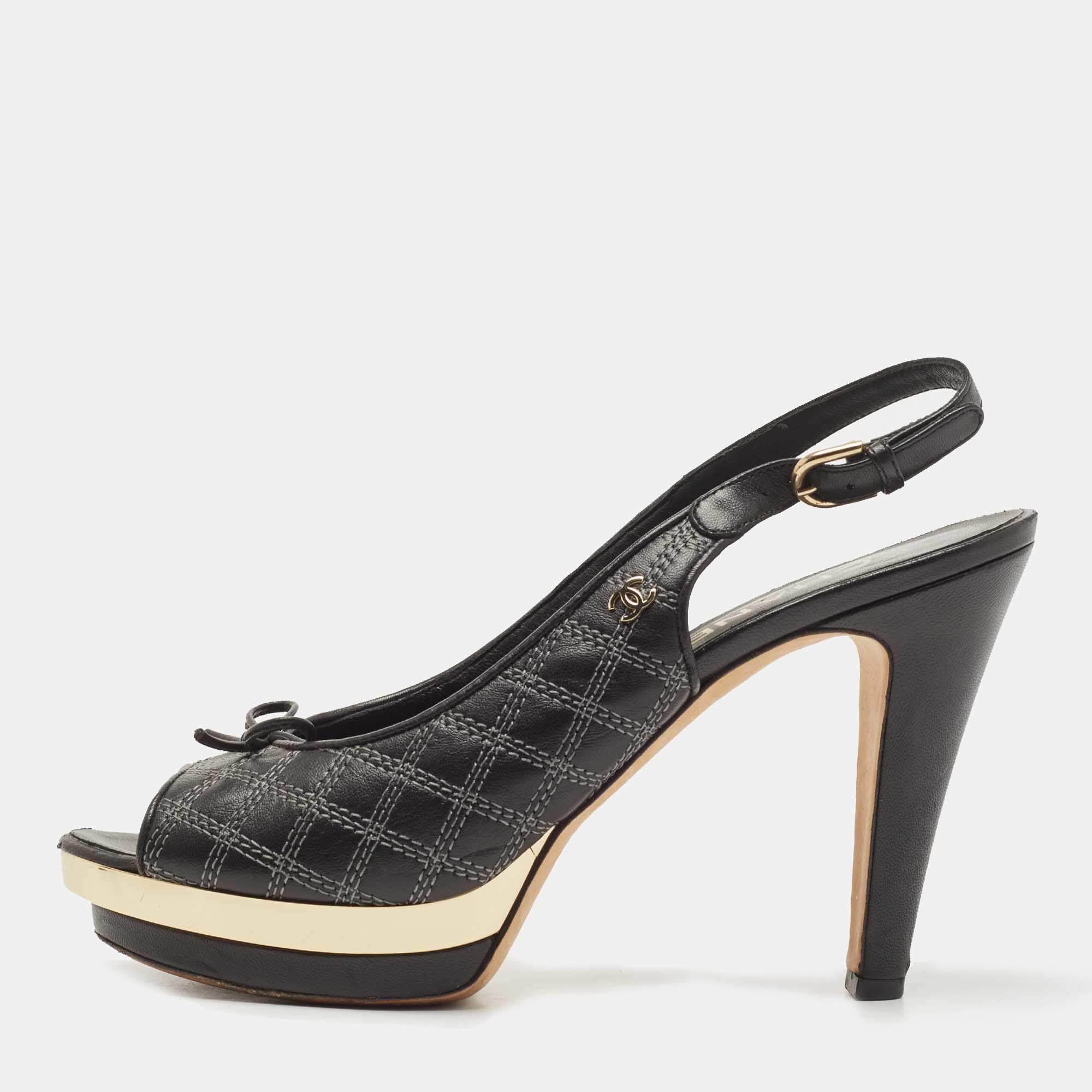 Chanel Black/Gold Leather CC Bow Peep Toe Platform Slingback Pumps Size 39.5
