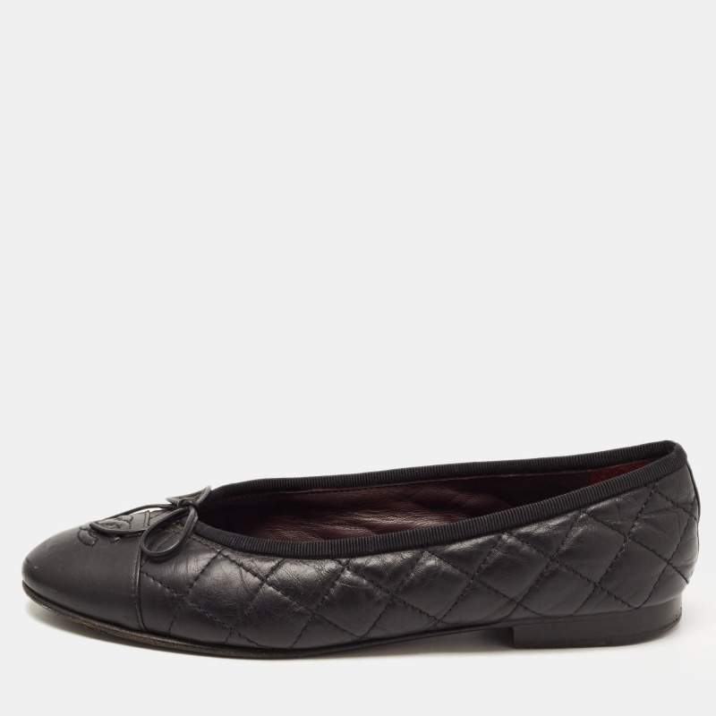 Chanel Black Quilted Leather CC Cap Toe Bow Ballet Flats Size 36.5