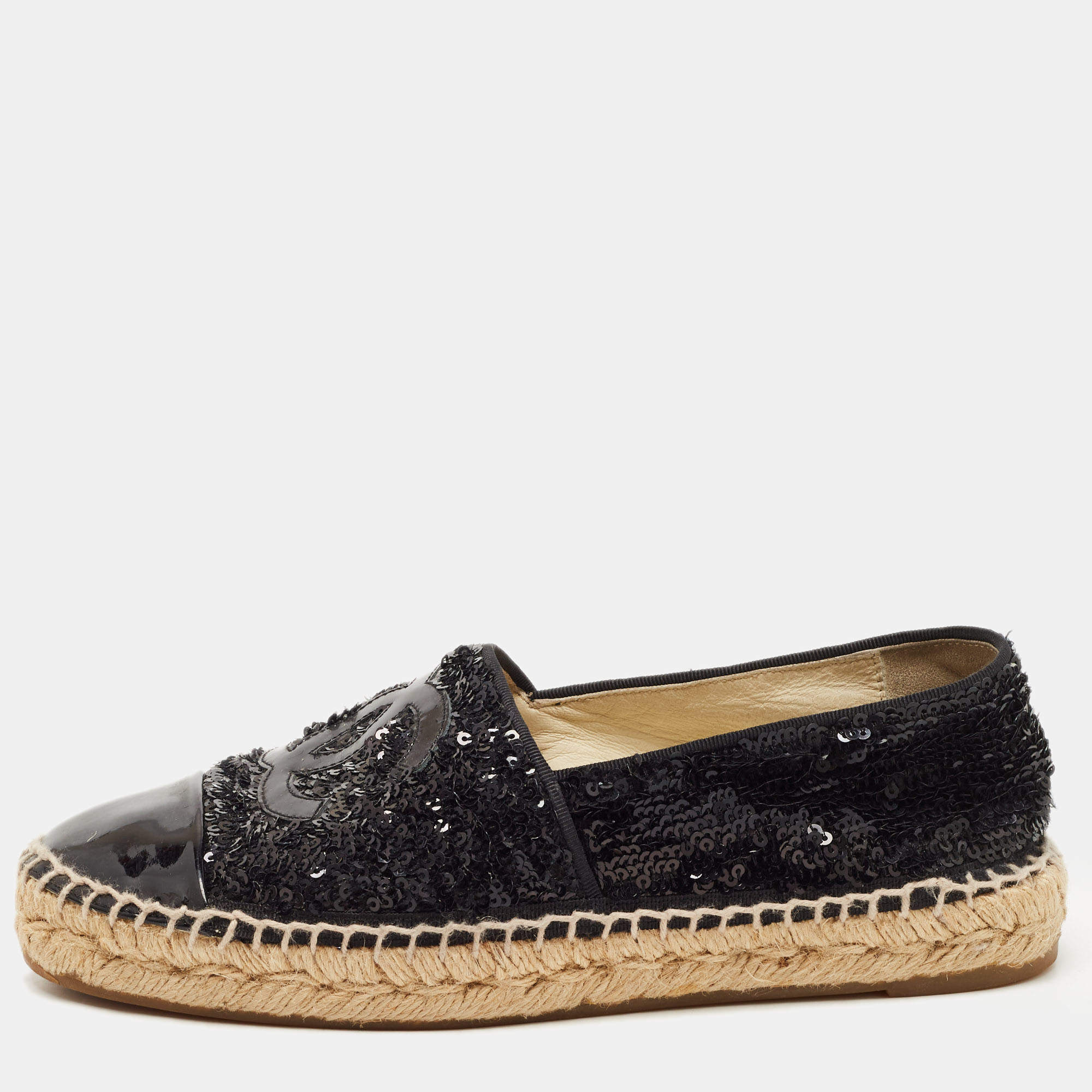 Pre Owned Chanel Black Sequins and Patent Leather CC Cap Flat Espadrille Size 37