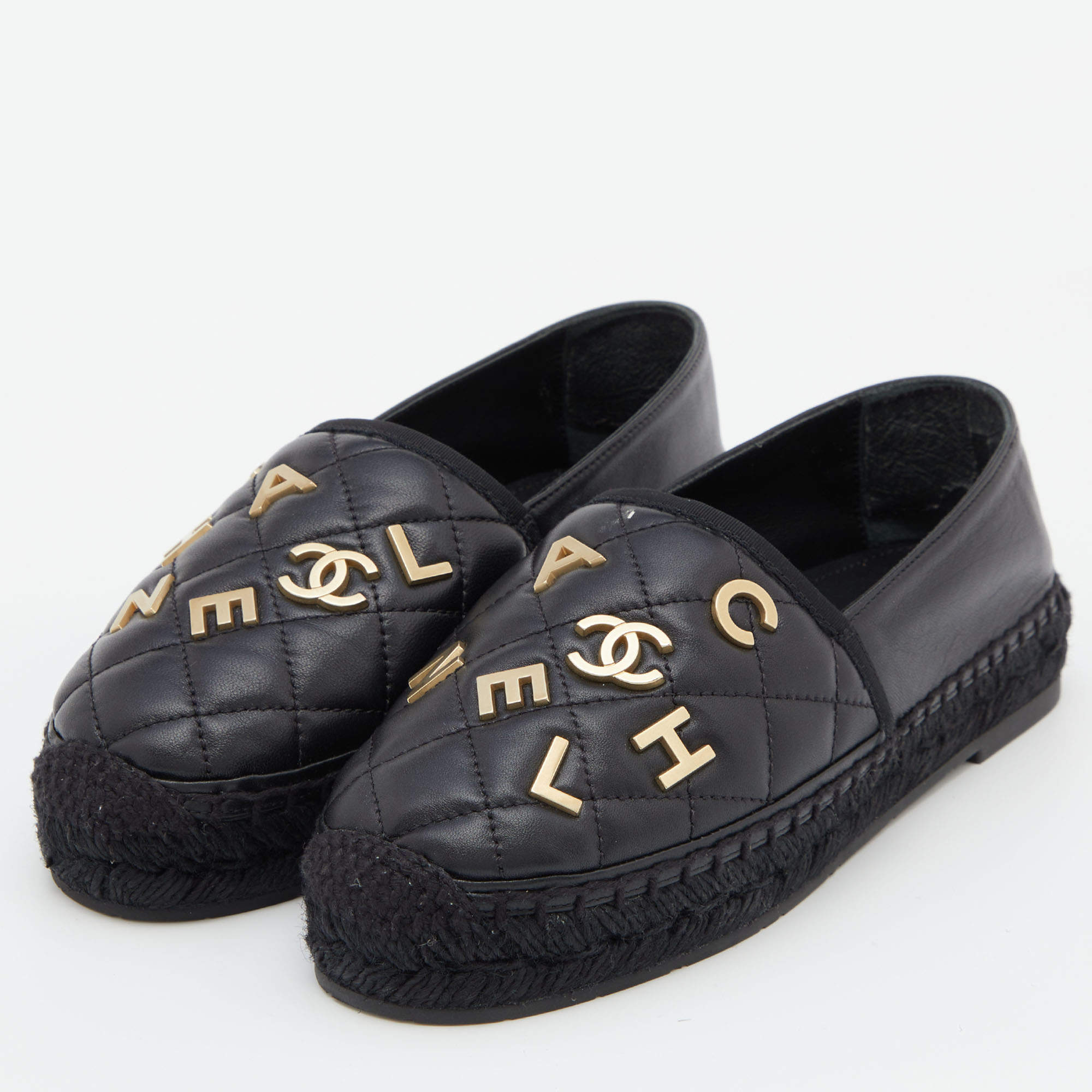 Chanel Black Quilted Leather CC Logo Espadrille Flats Size 36 Chanel TLC