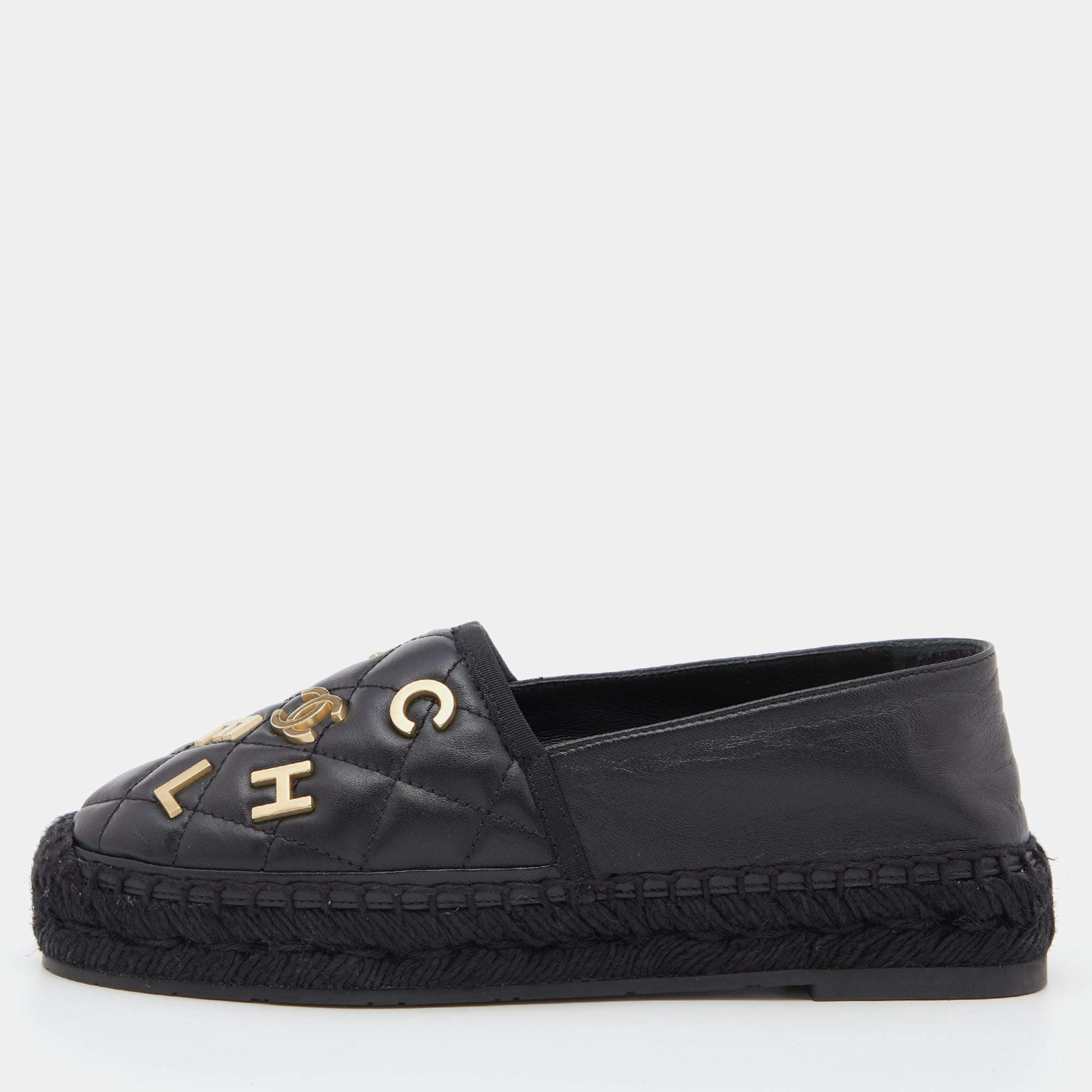 Pre Owned Chanel Black Quilted Leather CC Logo Espadrille Flats Size 36