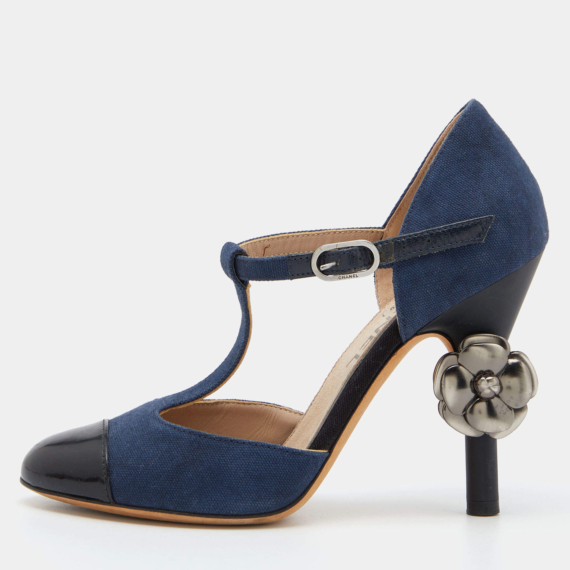 Chanel Navy Blue/Black Canvas and Leather Camellia Heel T-Strap