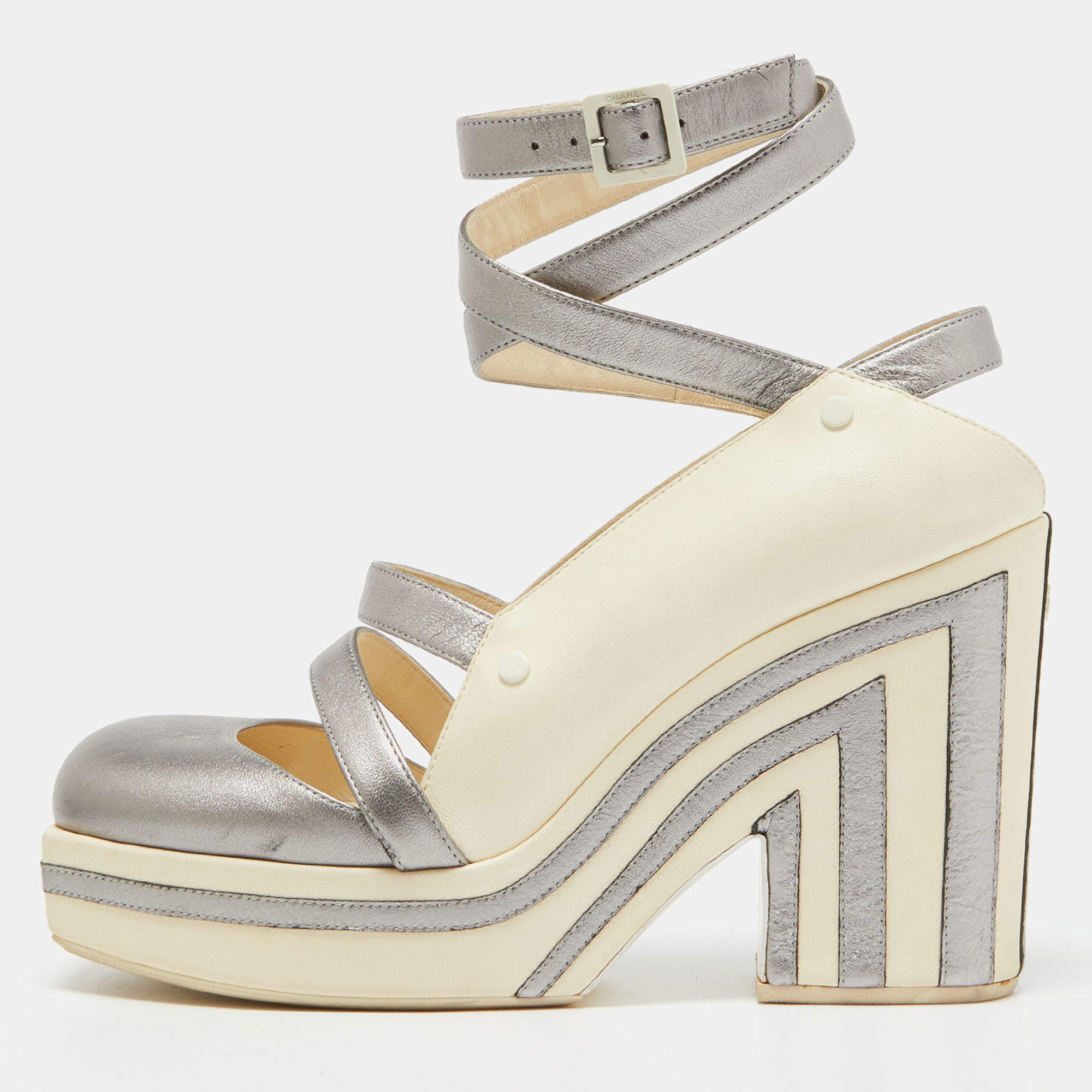 Chanel Metallic Grey and Cream Leather Ankle Wrap Square Toe Platform Pumps Size 38.5