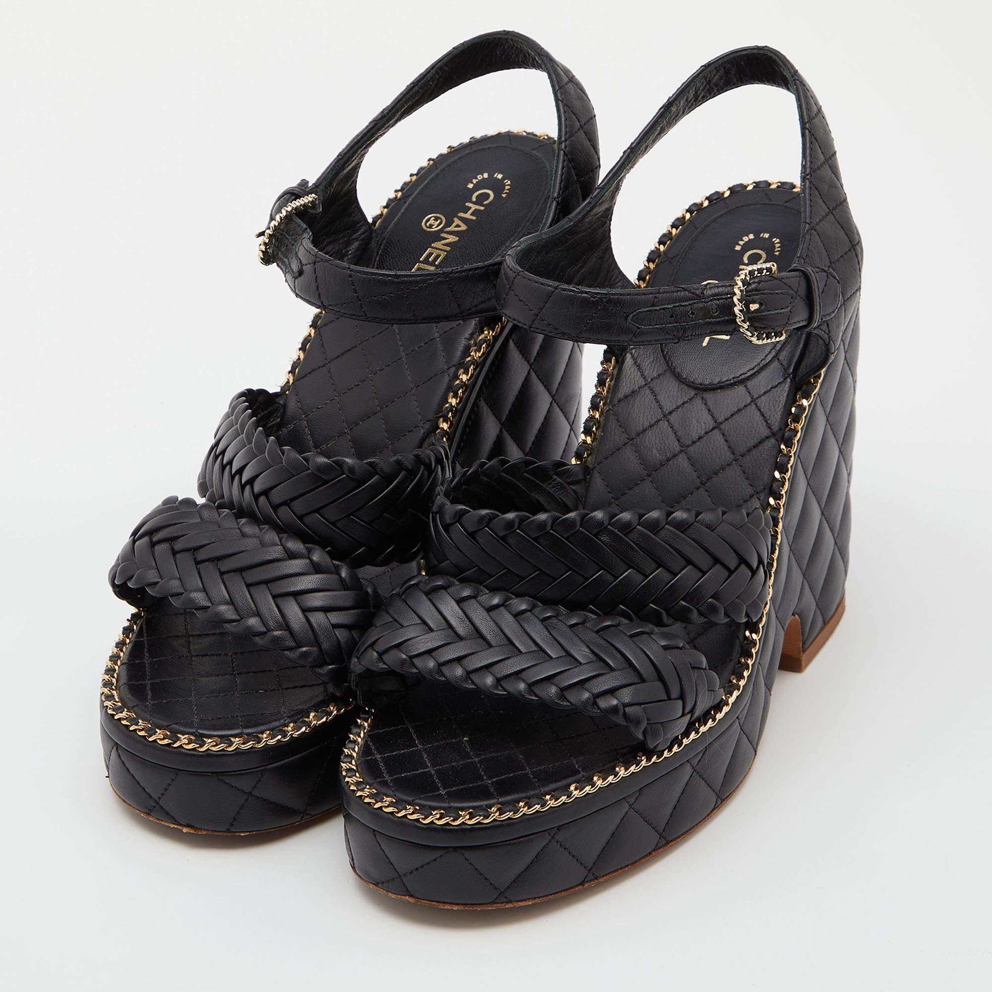 Chanel Black Braided Leather CC Chain Link Wedge Platform Sandals Size 40