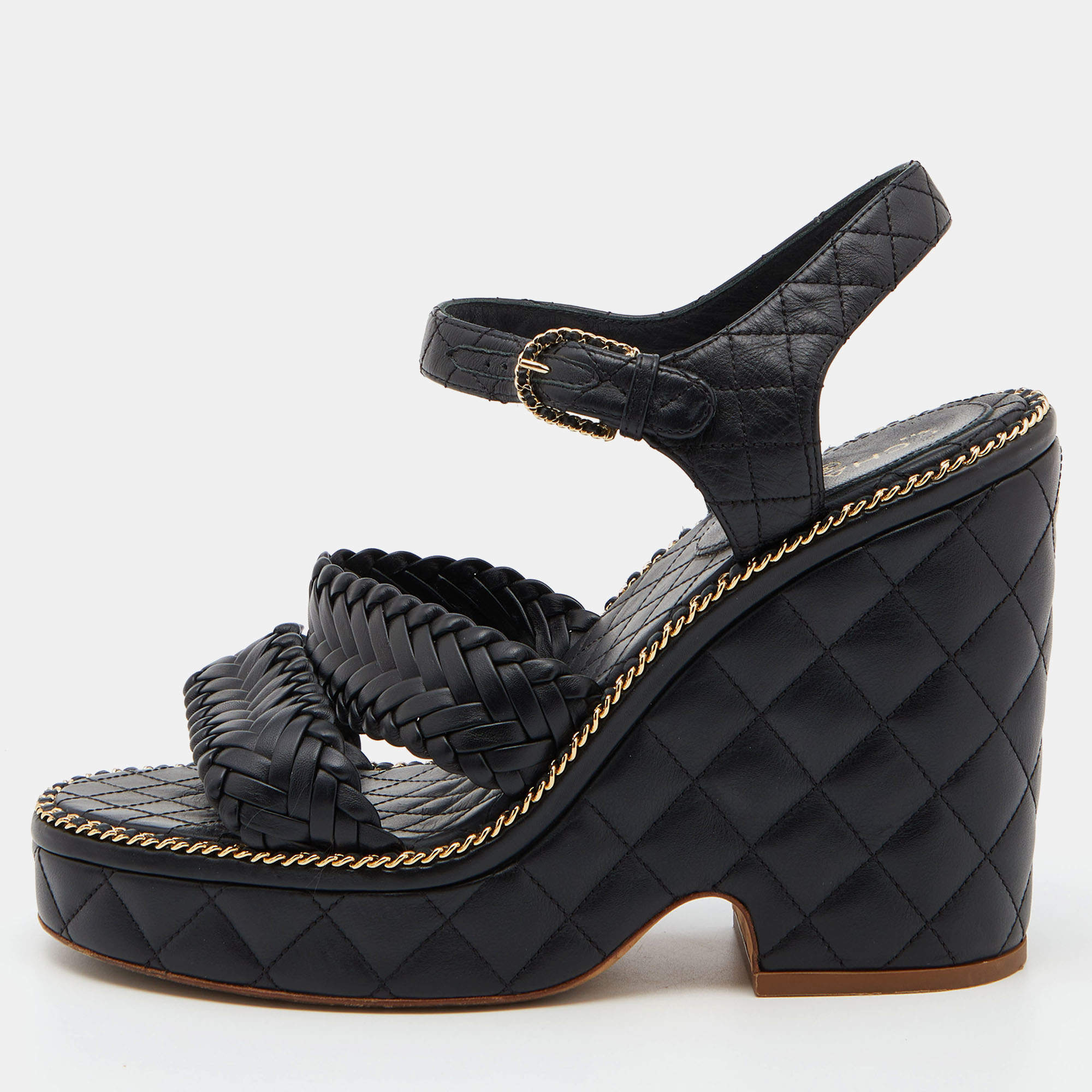 Chanel Black Braided Leather CC Chain Link Wedge Platform Sandals Size 40
