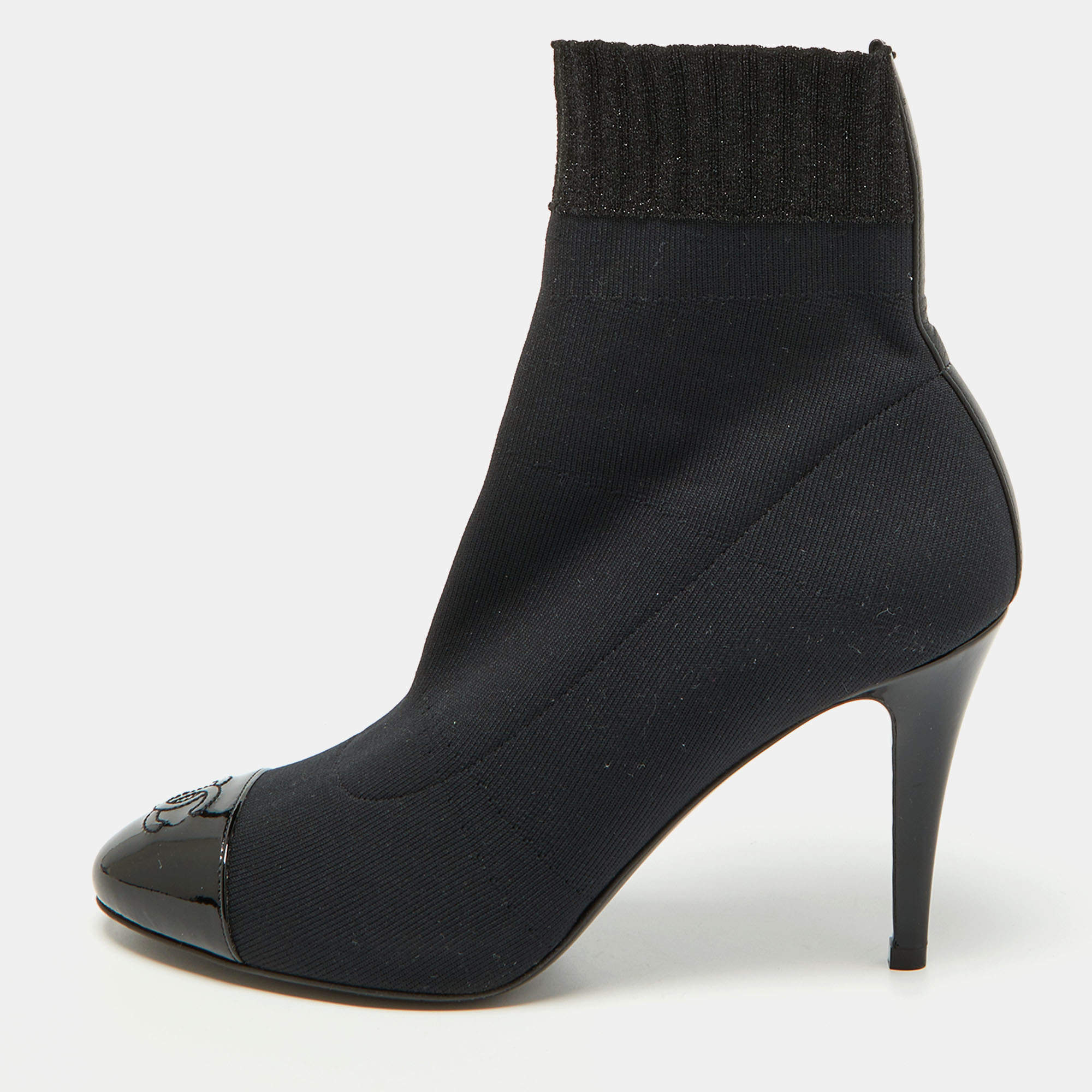 Chanel Black Knit Fabric and Patent Leather CC Cap Toe Ankle Booties Size 38