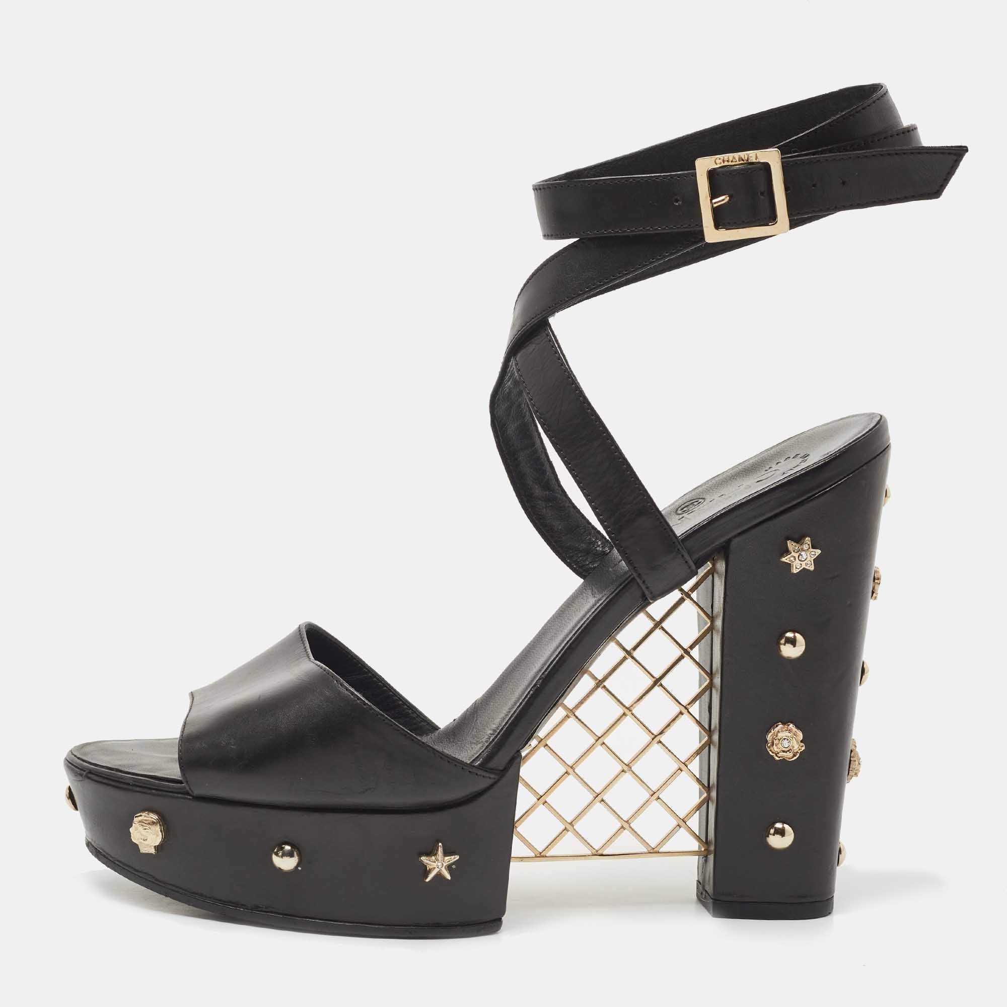 Chanel Black Leather Embellished CC Block Heel Ankle Strap Sandals Size 40.5