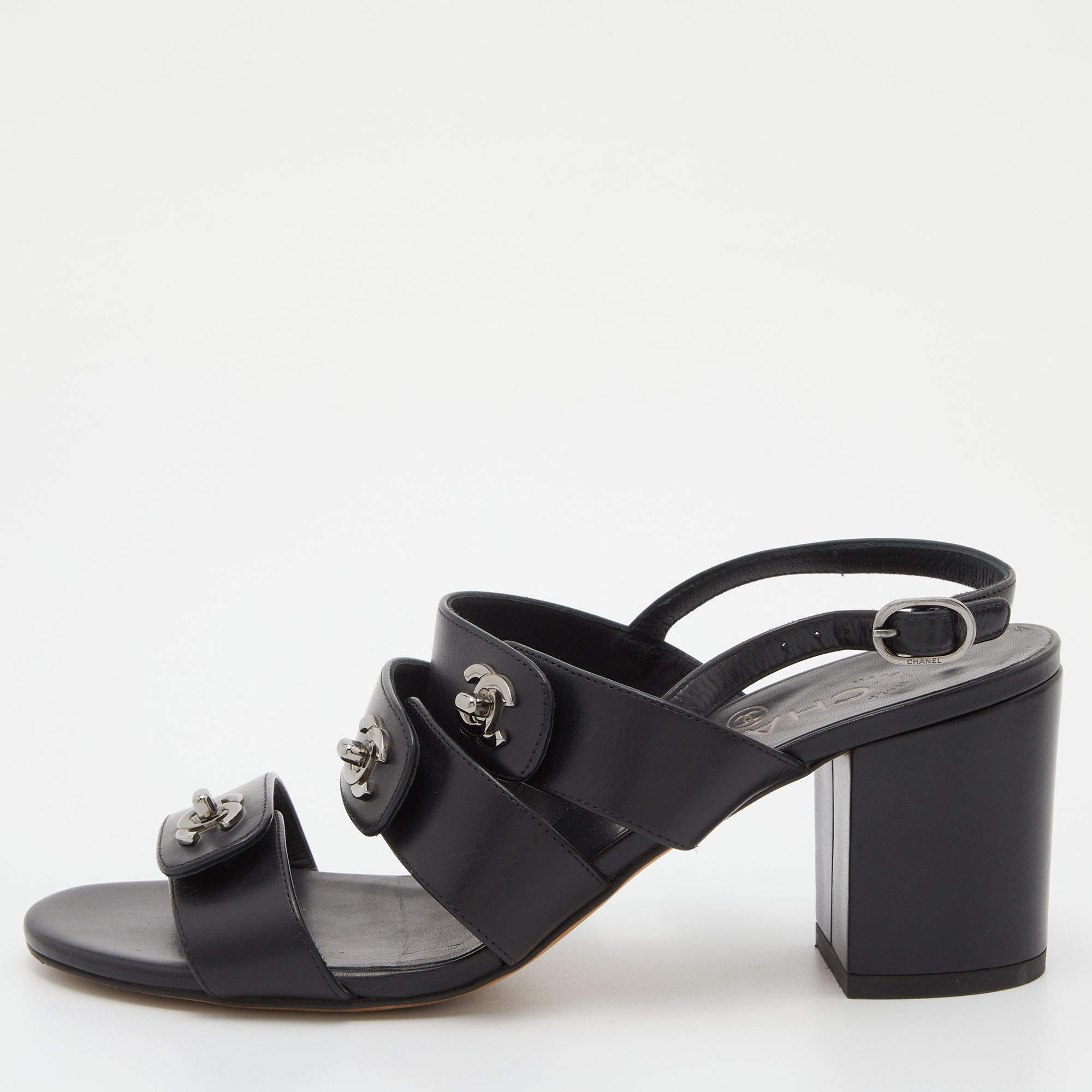 Chanel Black Leather CC Turn Lock Strappy Sandals Size 38