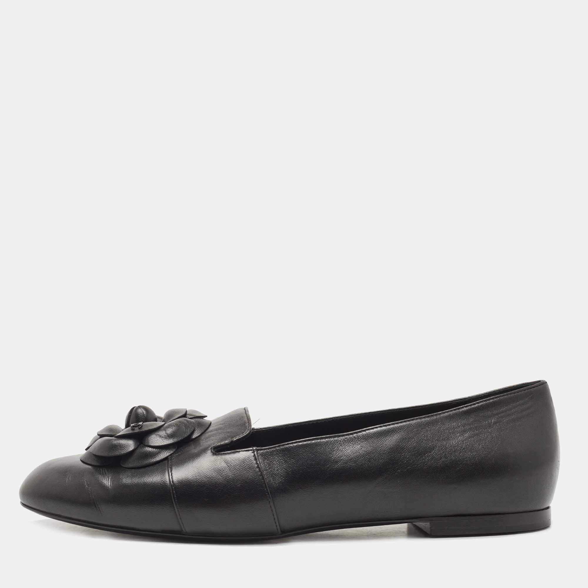 Chanel Black Leather Camellia Flower CC Slip On Smoking Slippers Size 42