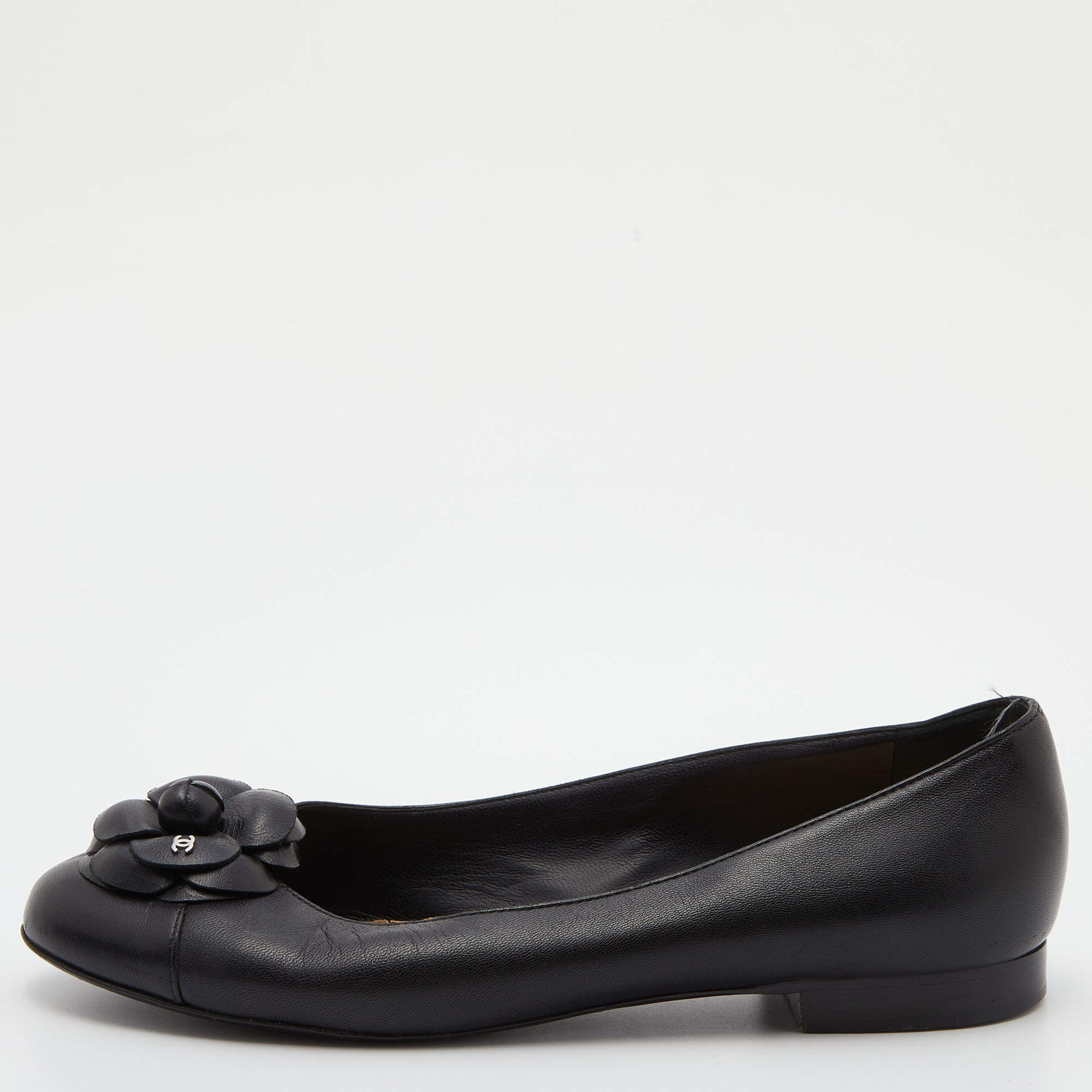 Pre Owned Chanel Black Leather CC Camelia Ballet Flats Size 38.5