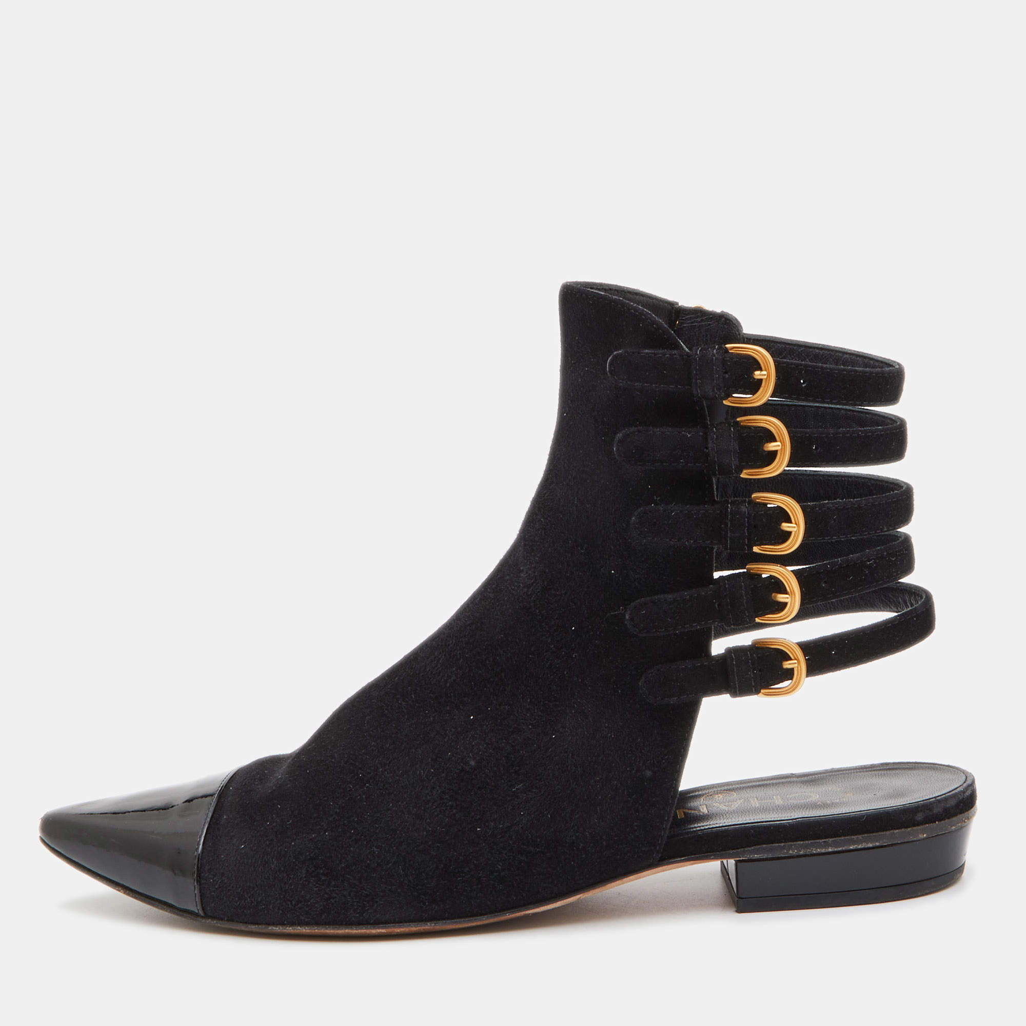 Chanel Black Suede and Patent Leather Strappy Ankle Boots Size 37.5