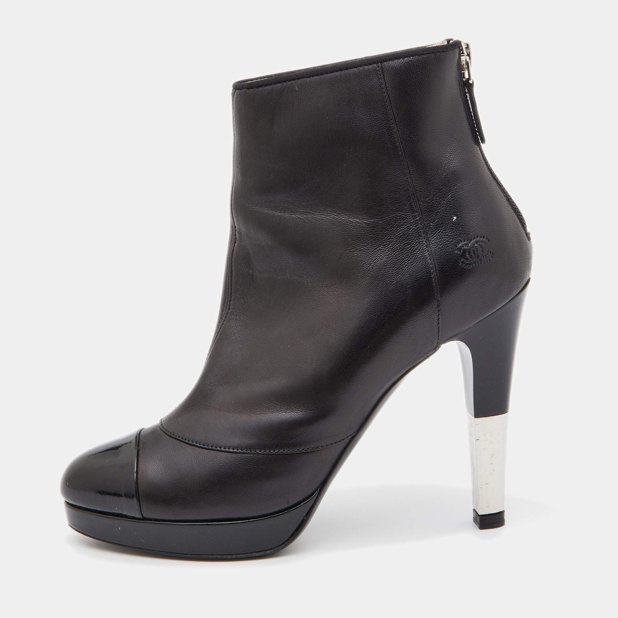 Chanel Black Leather and Patent Cap Toe Platform Ankle Booties Size 38