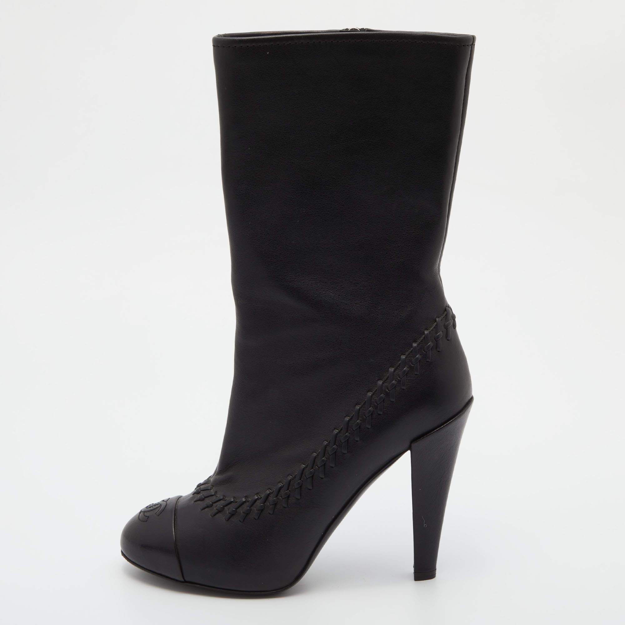 Pre Owned Chanel Black Whipstitch Leather CC Cap Toe Mid Calf Boots Size 38.5