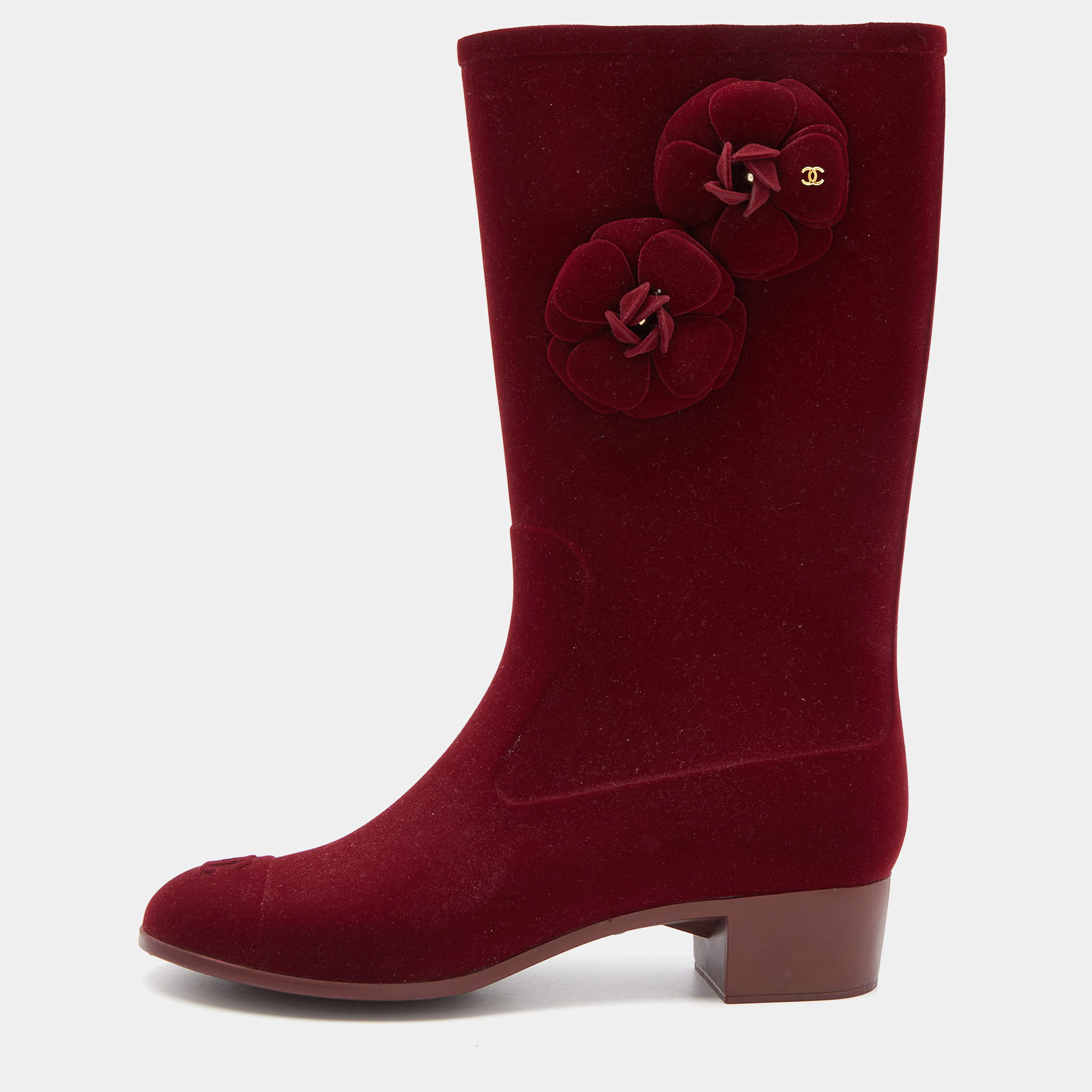 Chanel Burgundy Velvet CC Camellia Embellished Rain Boots Size 41