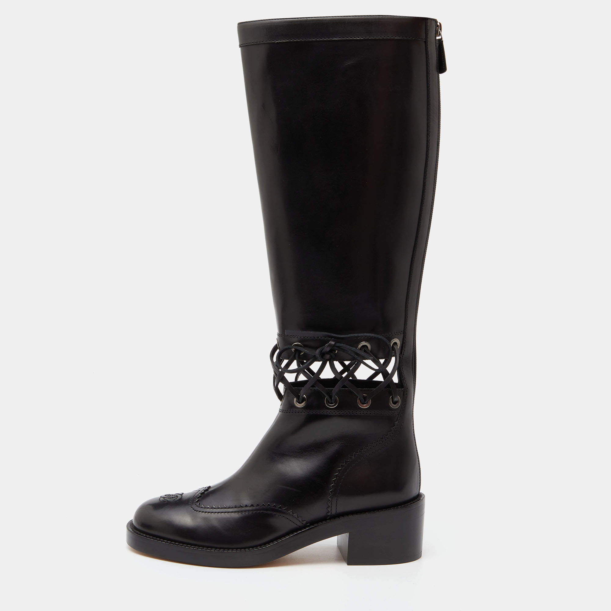 Chanel Black Leather CC Cut Out Knee Length Boots Size 38.5