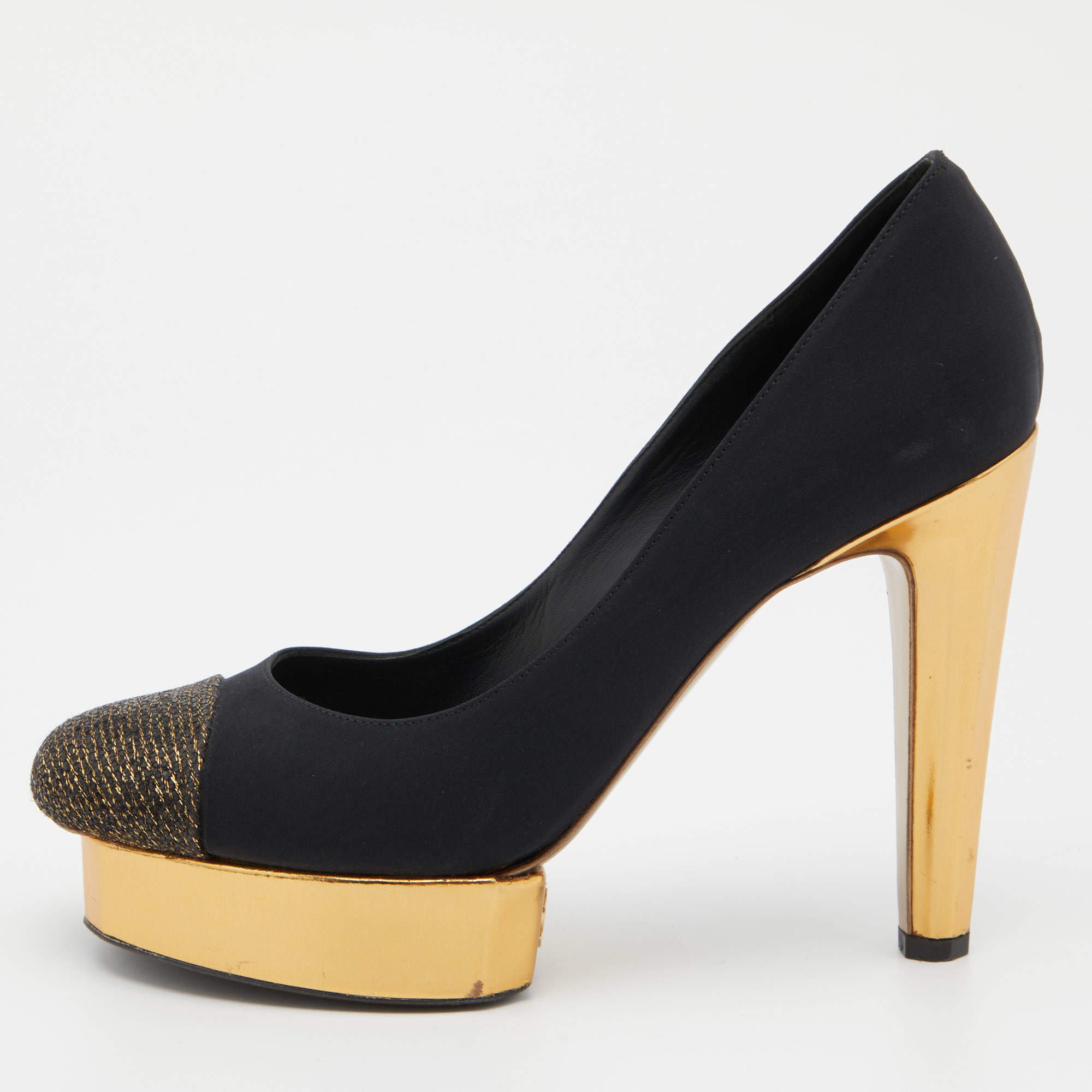 Pre Owned Chanel Black/Gold Satin, Lurex and Leather Cap Toe Block Heel Pumps Size 38.5