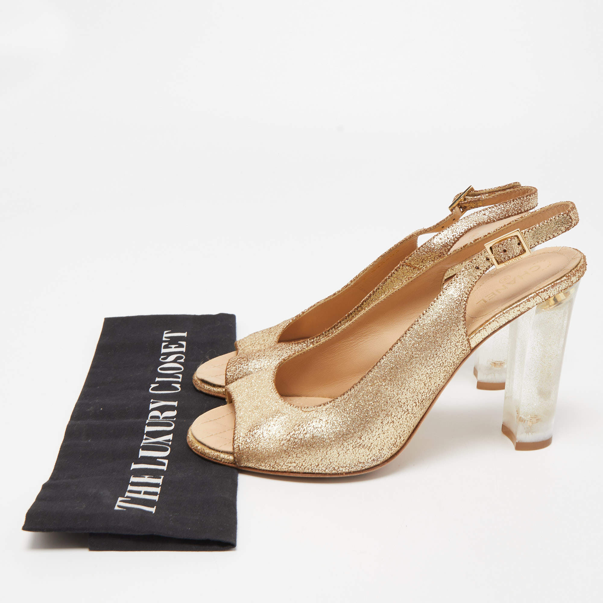 Chanel Gold Crackled Leather Glitter CC Lucite Heel Peep Toe Slingback  Sandals Size 39 Chanel | The Luxury Closet