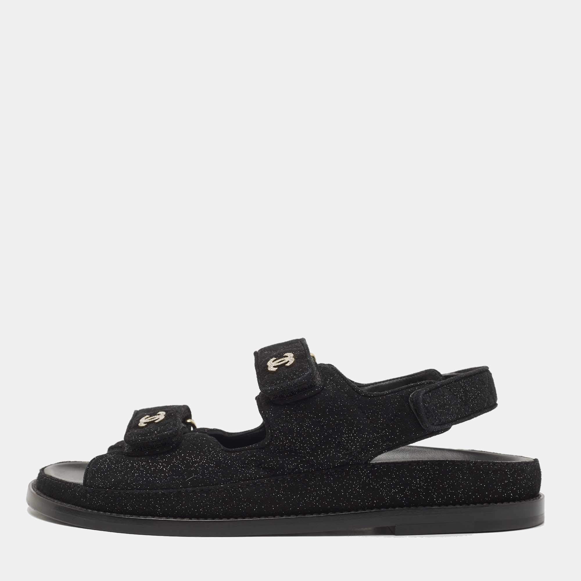 Chanel Black Glitter Suede Velcro Dad Sandals Size 37.5