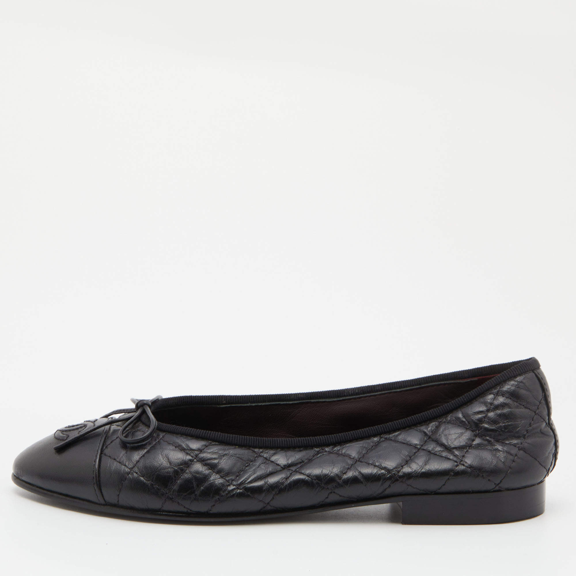 Pre Owned Chanel Black Leather Bow CC Cap Toe Ballet Flats Size 36.5