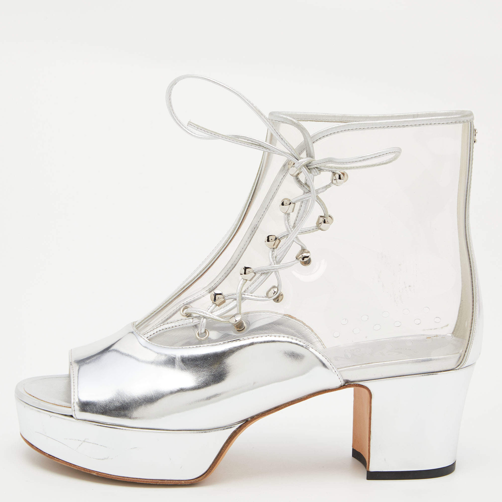 Chanel Silver Leather and PVC Open Toe Platform Ankle Booties Size 40