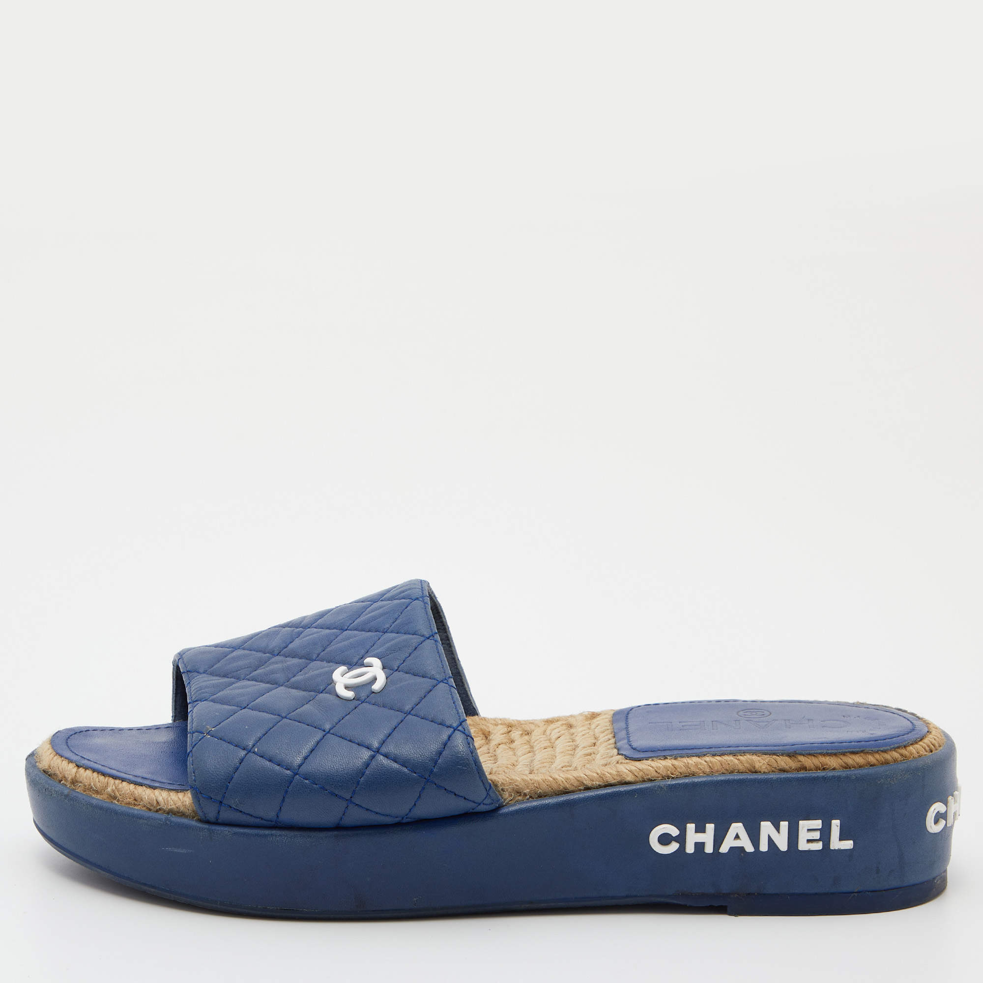 Chanel Blue Quilted Leather CC Platform Slide Sandals Size 39