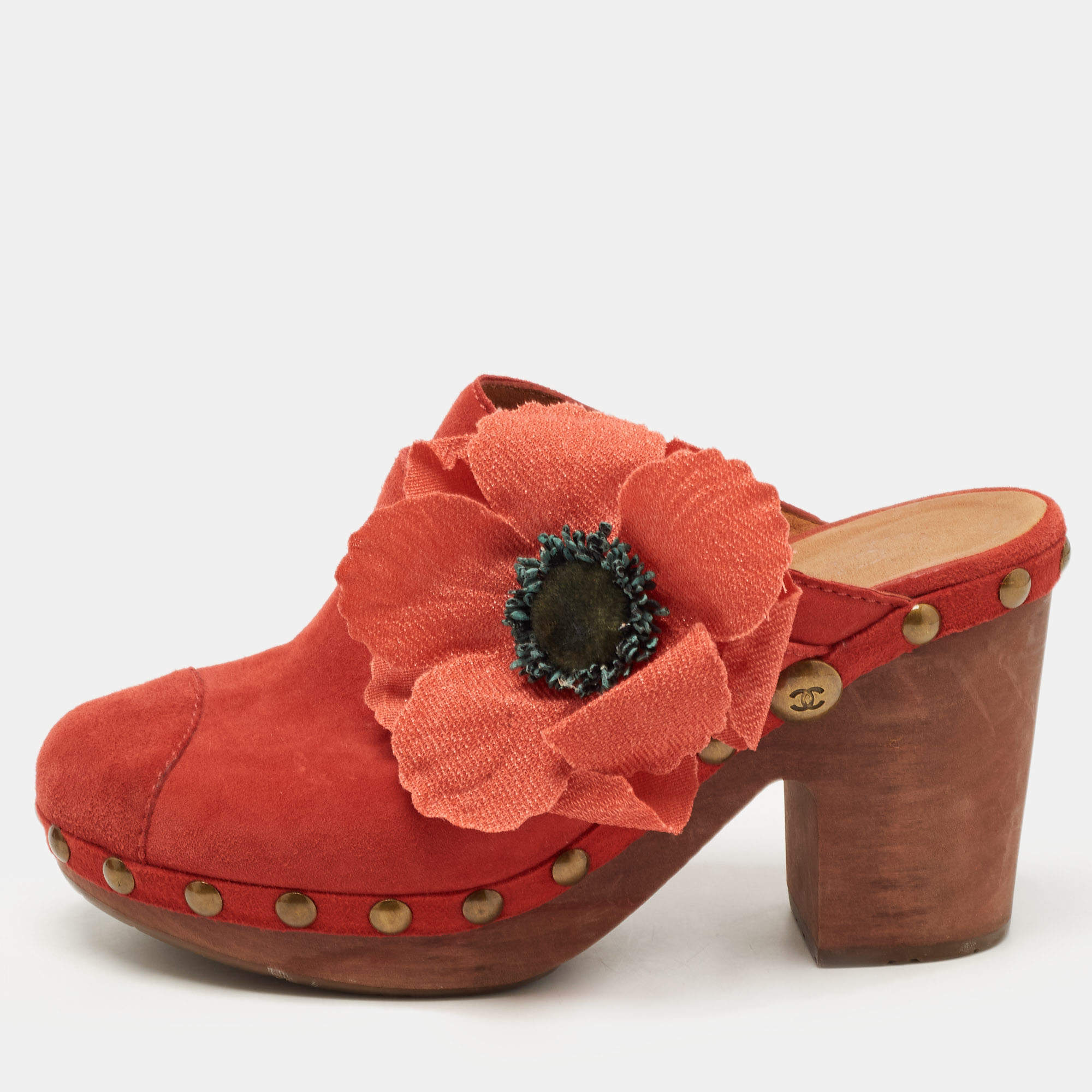 Chanel Red Suede Camelia Applique Wooden Clogs Size 37