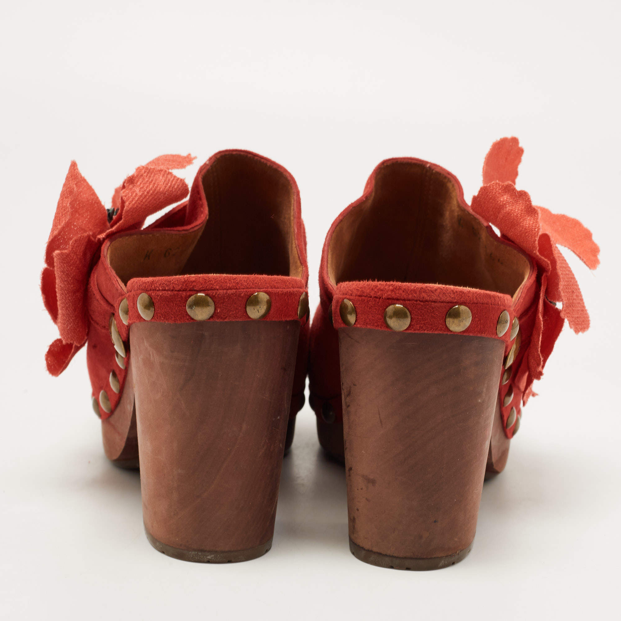 Chanel Red Suede Camelia Applique Wooden Clogs Size 37 Chanel