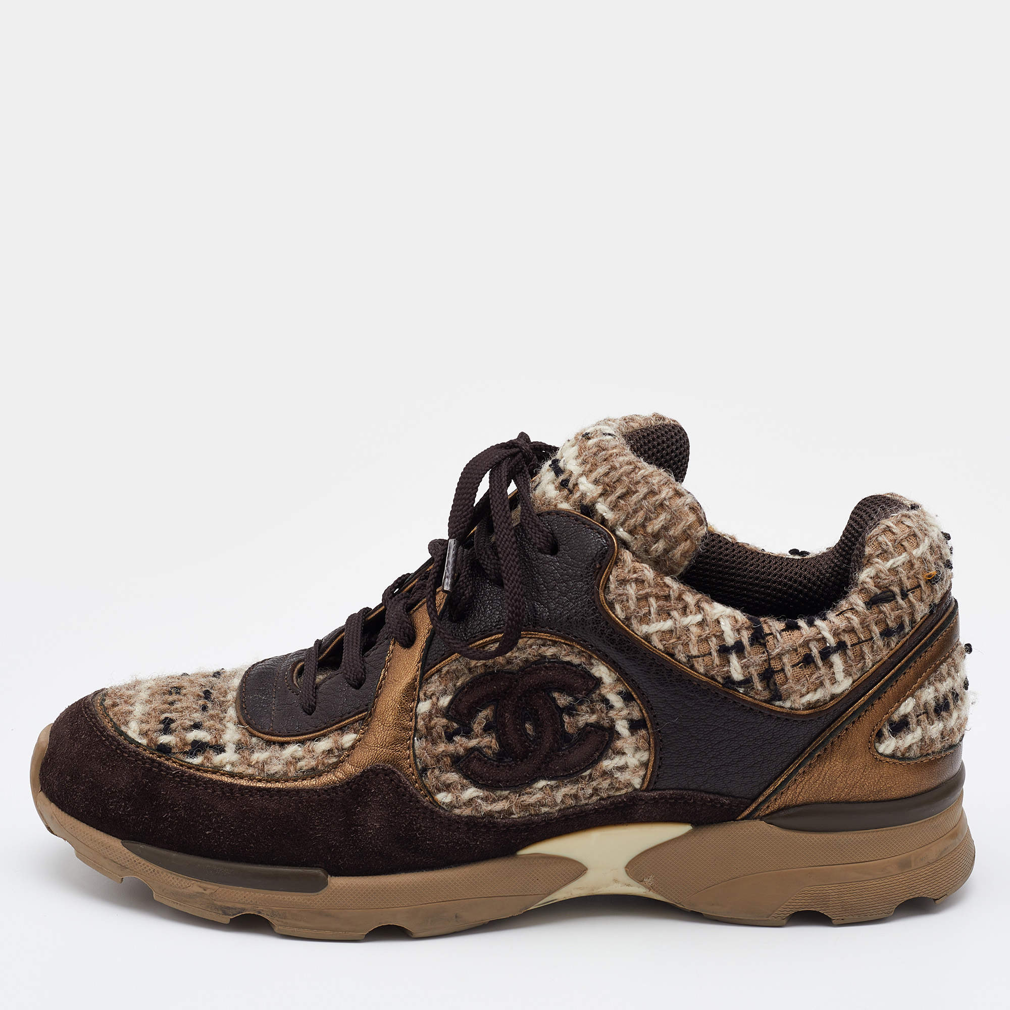 Pre Owned Chanel Multicolor Tweed and Leather CC Lace Up Sneakers Size 40