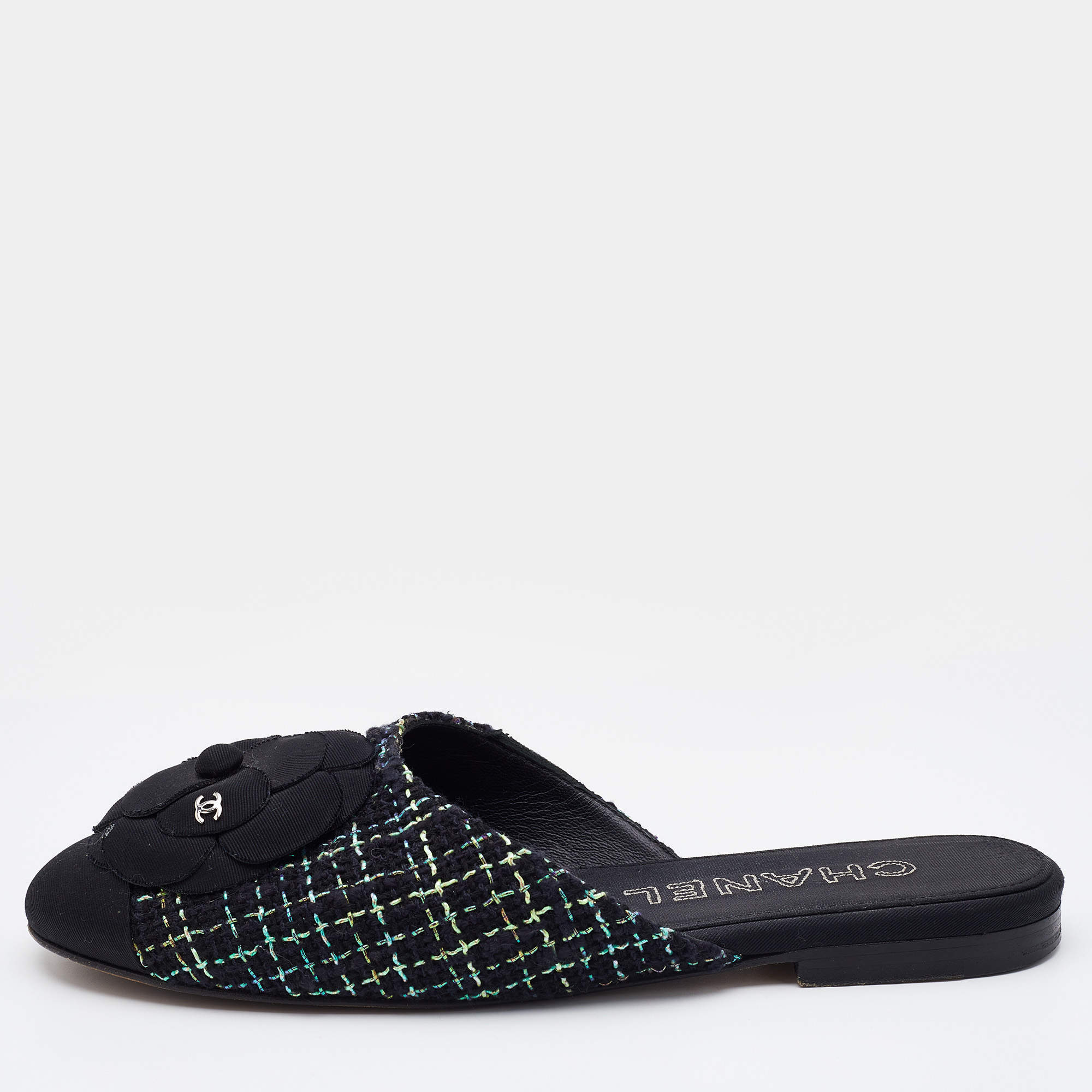 Chanel Black/Green Tweed and Fabric Camellia Flower Cap Toe Slide Mules Size 37.5