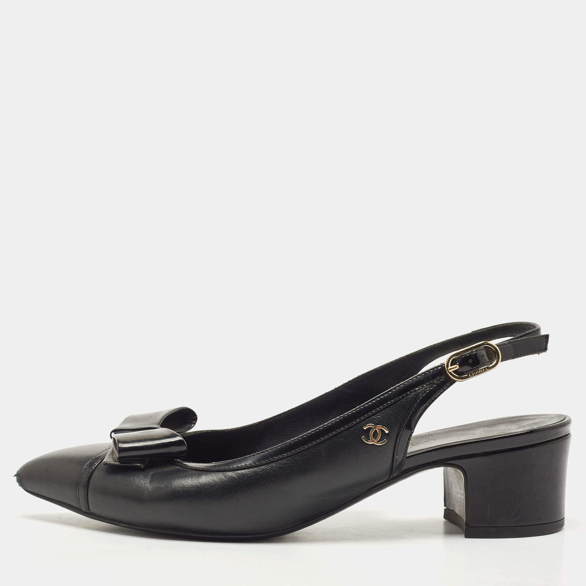 Pre Owned Chanel Black Leather Bow CC Slingback Pumps Size 36.5