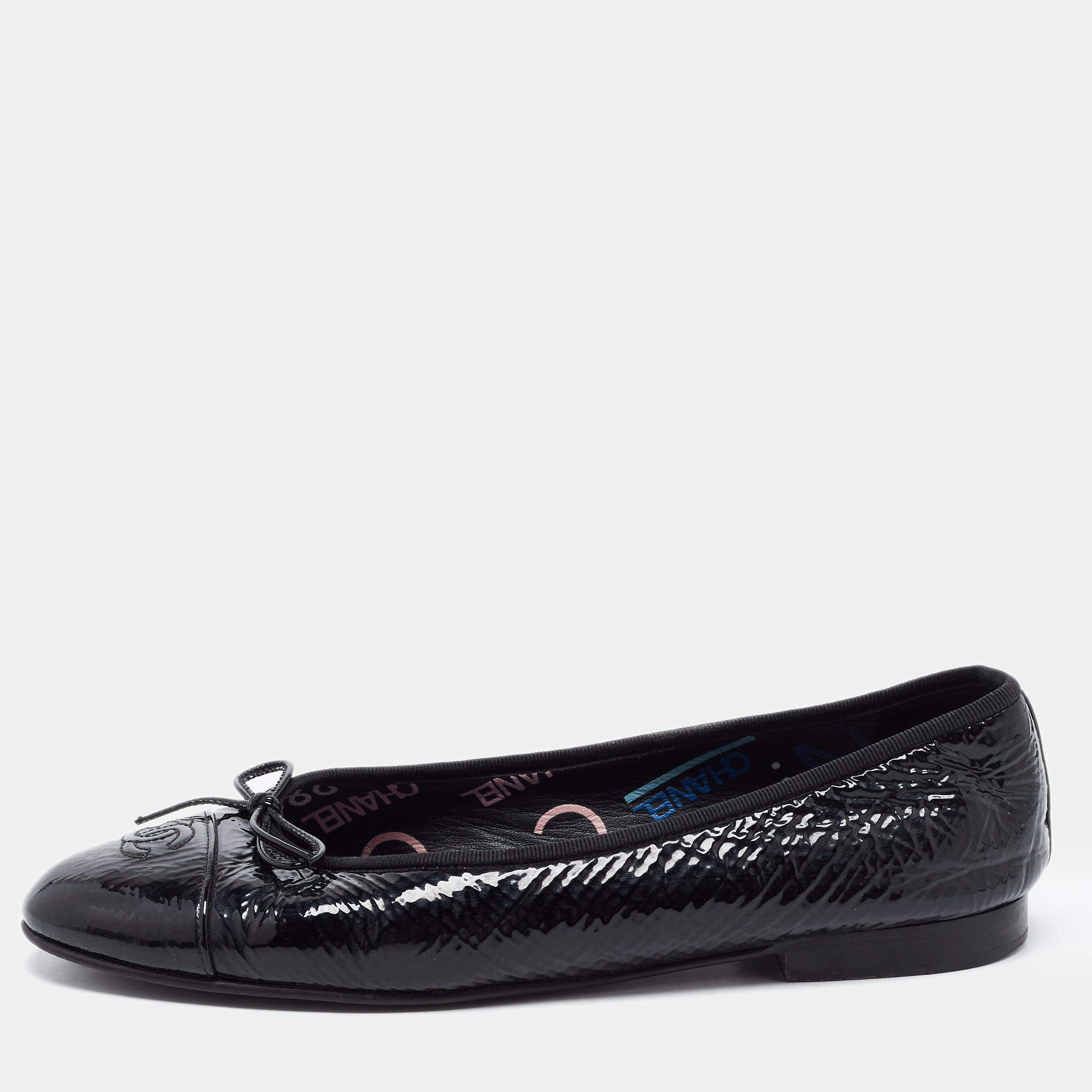 Chanel Black Patent Leather CC Ballet Flats Size 40.5