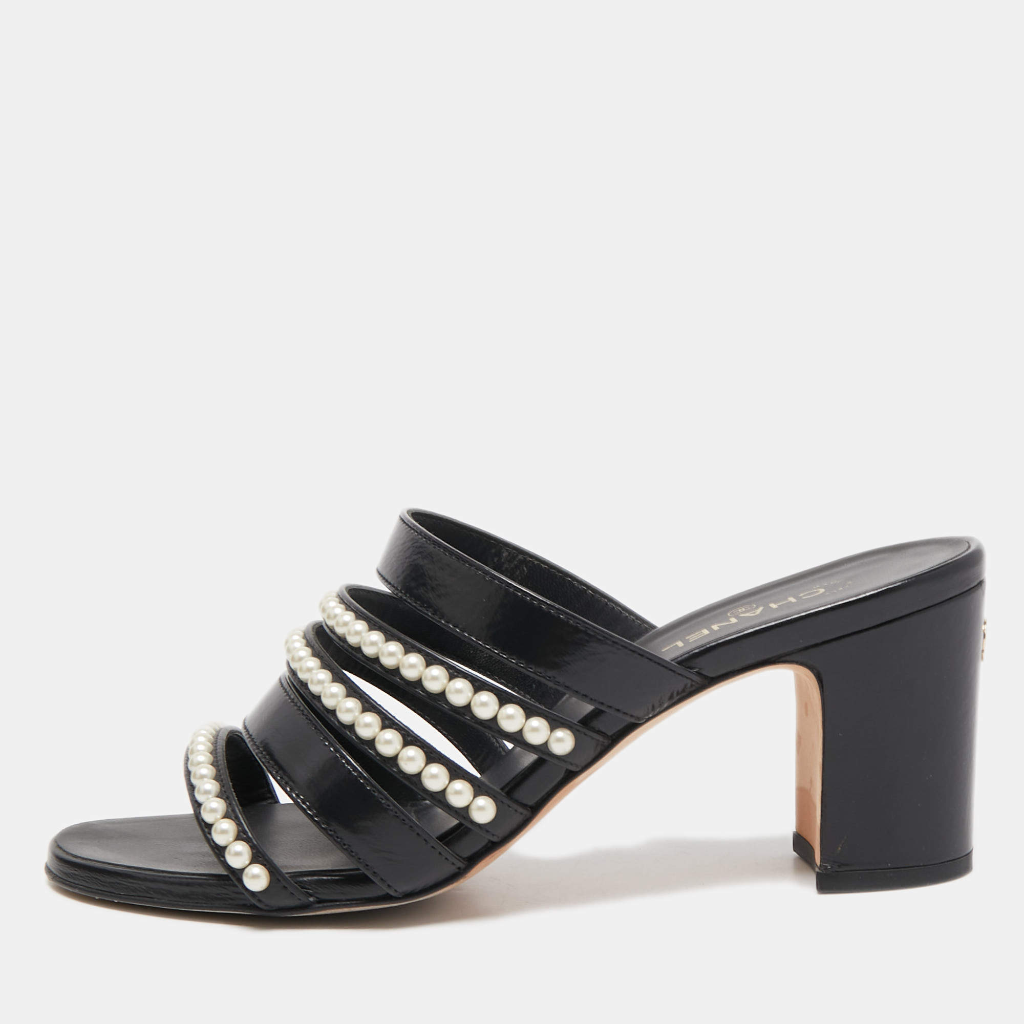  Chanel Black Leather Pearl Embellished Block Heel Slide Sandals Size 37