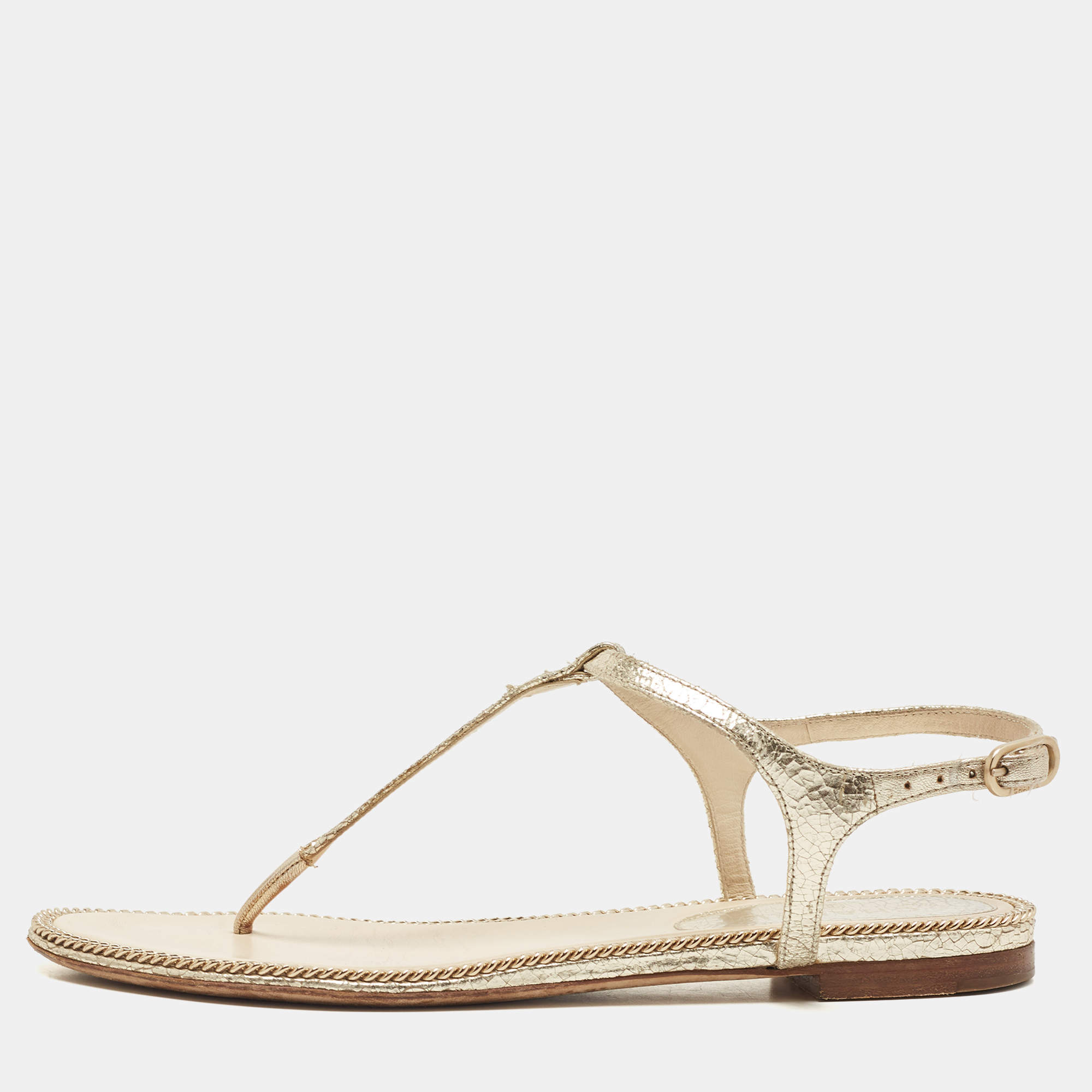Chanel Silver Leather Ankle Strap Sandals Size 39