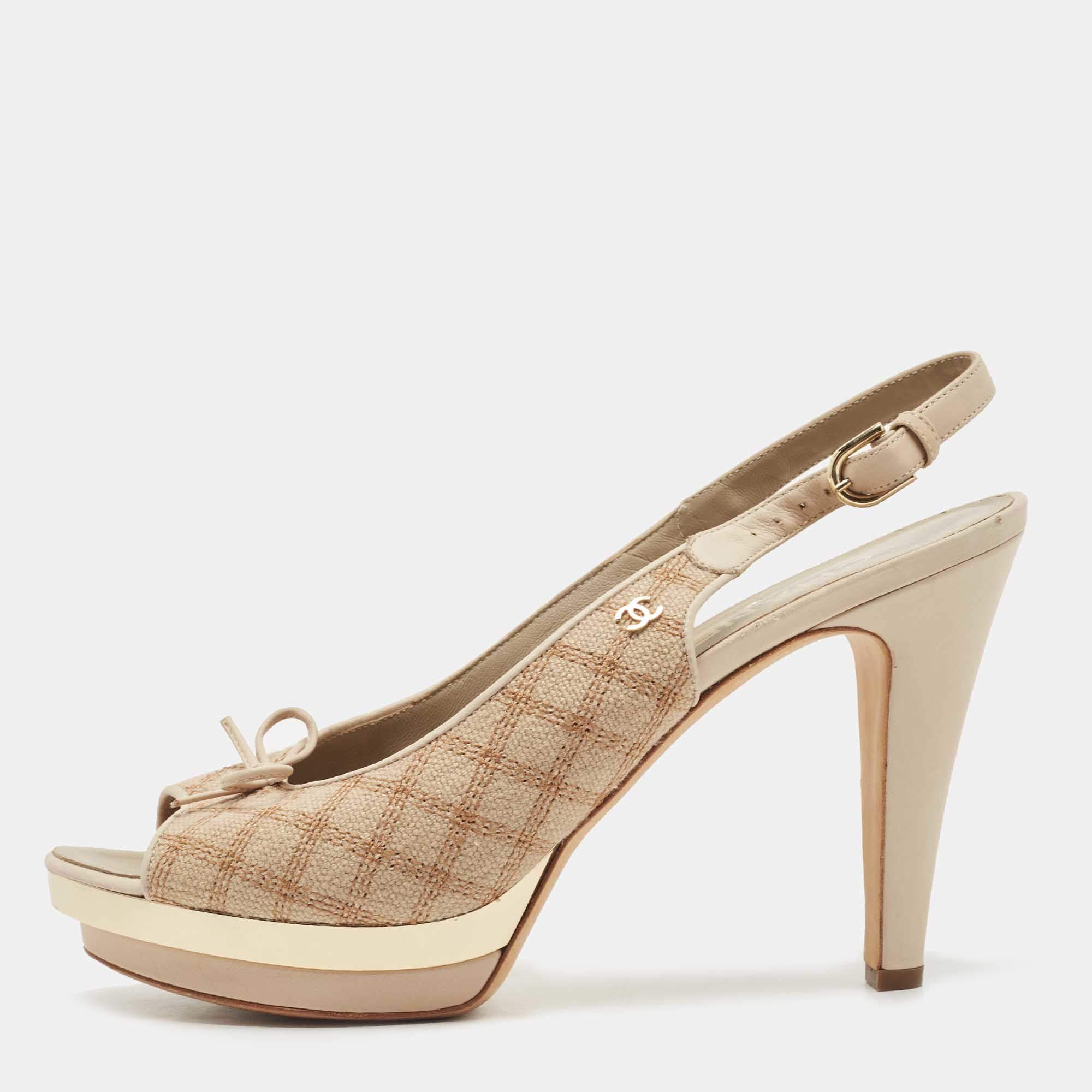 Pre Owned Chanel Cream/Beige Canvas And Leather CC Bow Peep Toe Platform Slingback Sandals Size 40.5