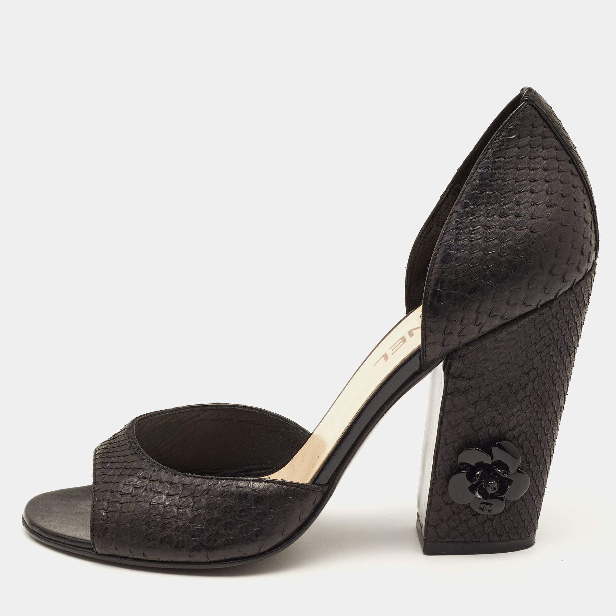 Pre Owned Chanel Black Python D’orsay Block Heel Pumps Size 39.5