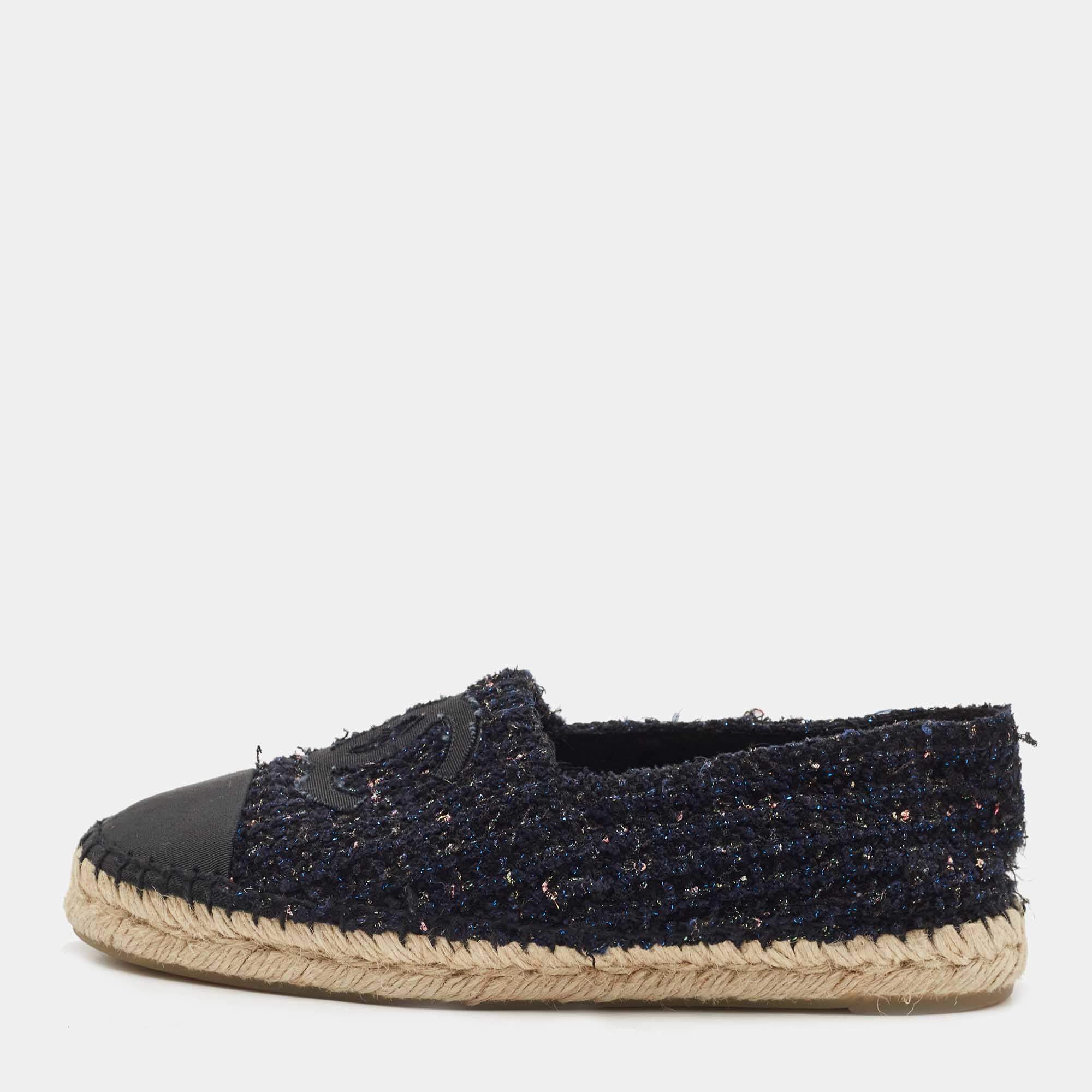 Chanel Navy Blue/Black Tweed and Canvas Cap Toe CC Espadrille Flats Size 37
