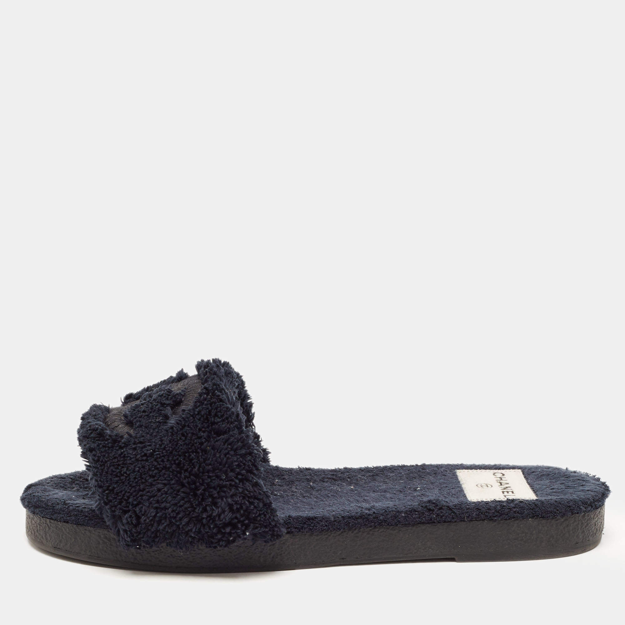 Chanel Navy Blue Shearling Fur CC Slide Flats Size 39 Chanel