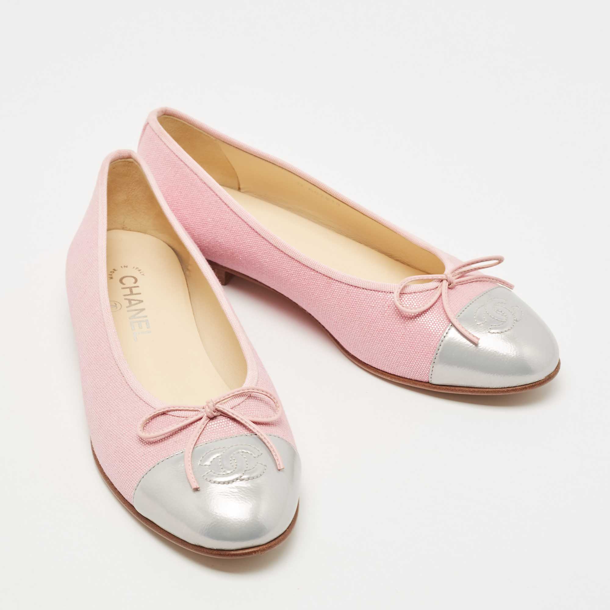 Chanel Pink/Silver Patent And Canvas CC Cap Toe Ballet Flats Size 40