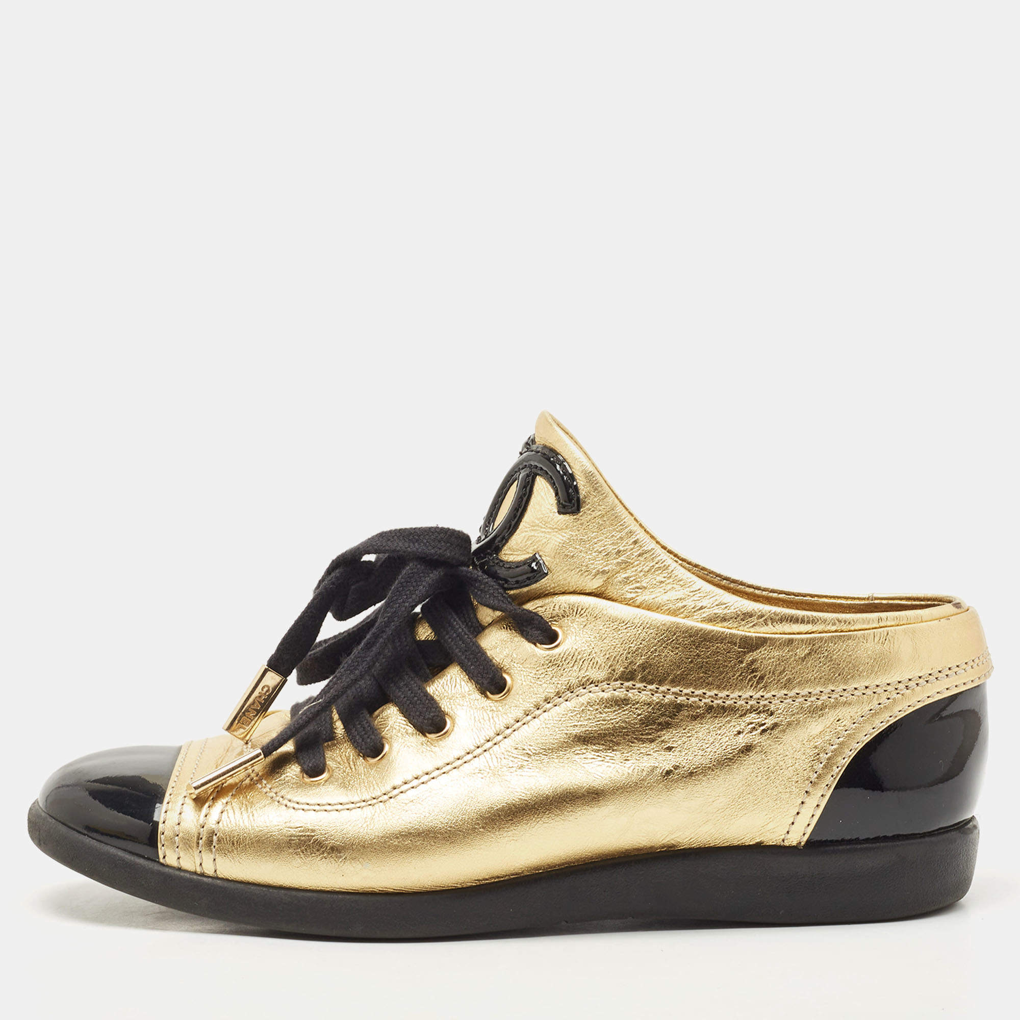 Chanel Womens Lace Up Metallic Low Top Sneakers Gold Tone Suede Size 37