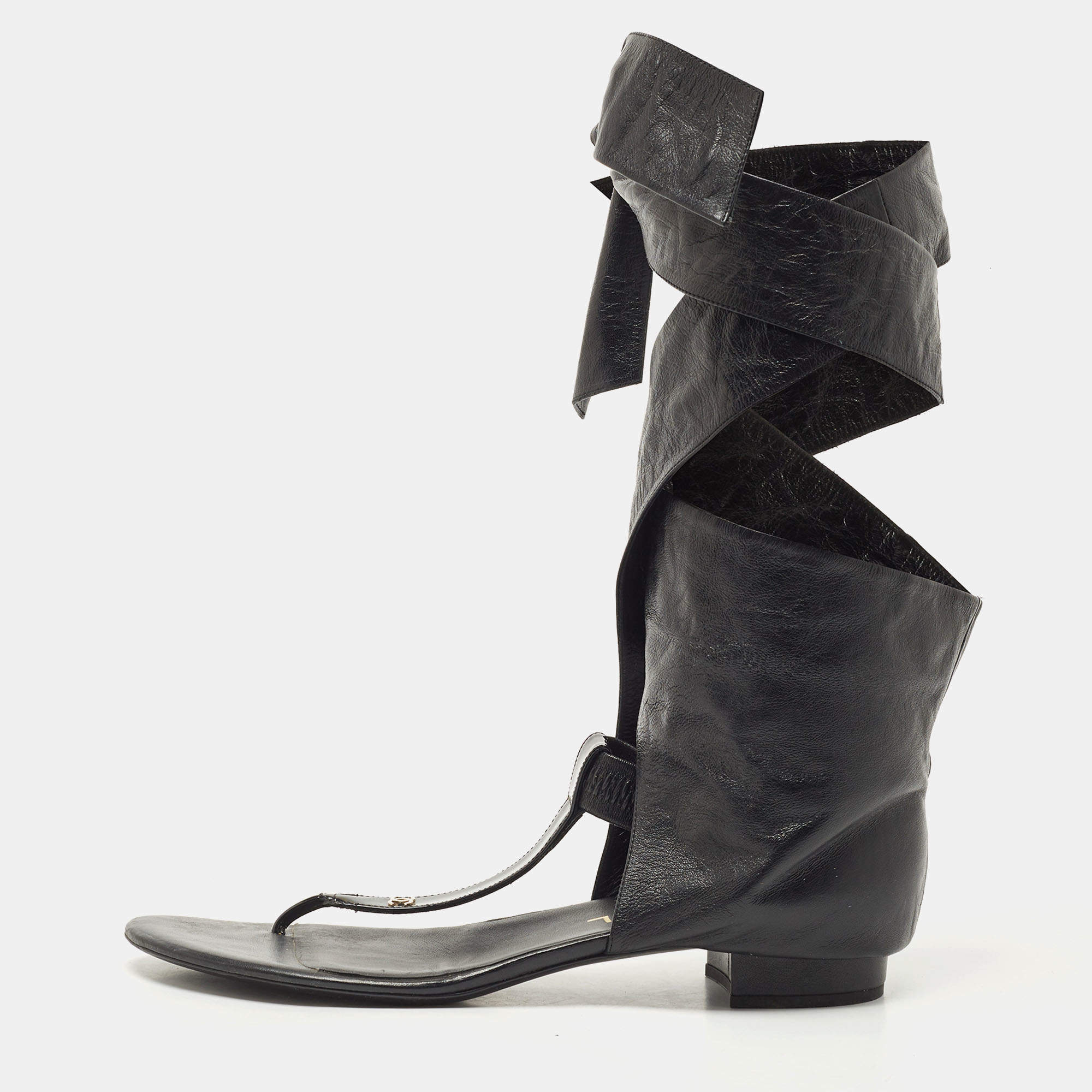 Pre Owned Chanel Black Leather Ankle Wrap Thong Sandals Size 39