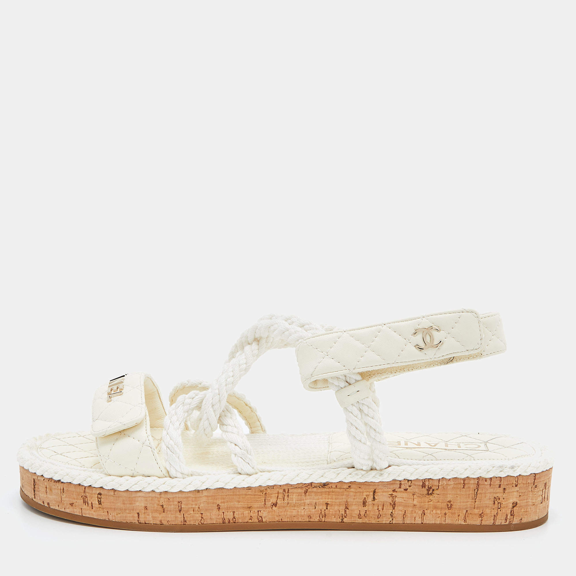 Pre Owned Chanel Ivory Cord and Leather Cork Flat Slingback Sandals Size 41