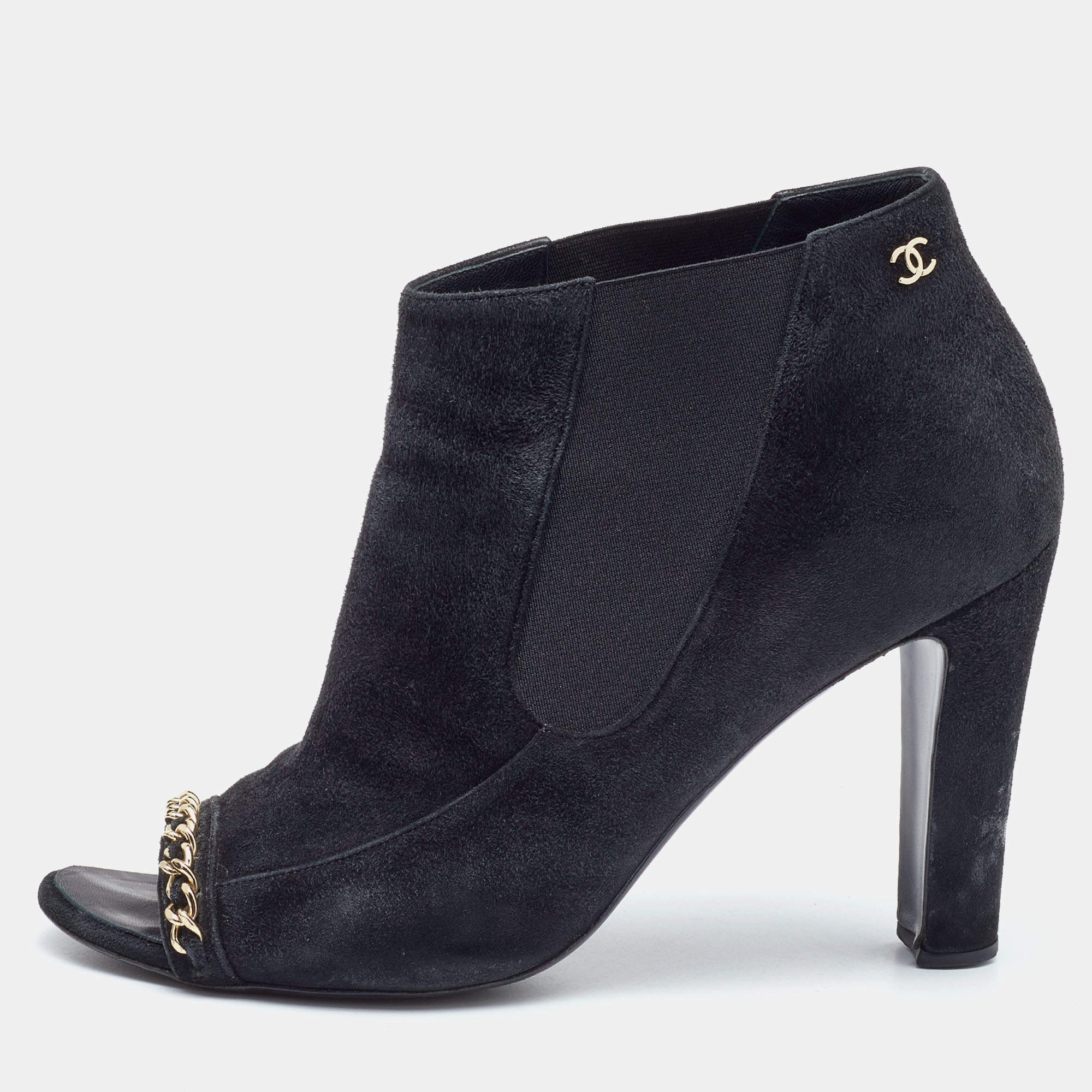 Chanel Black Suede Chain Detail Open Toe Booties Size 40.5