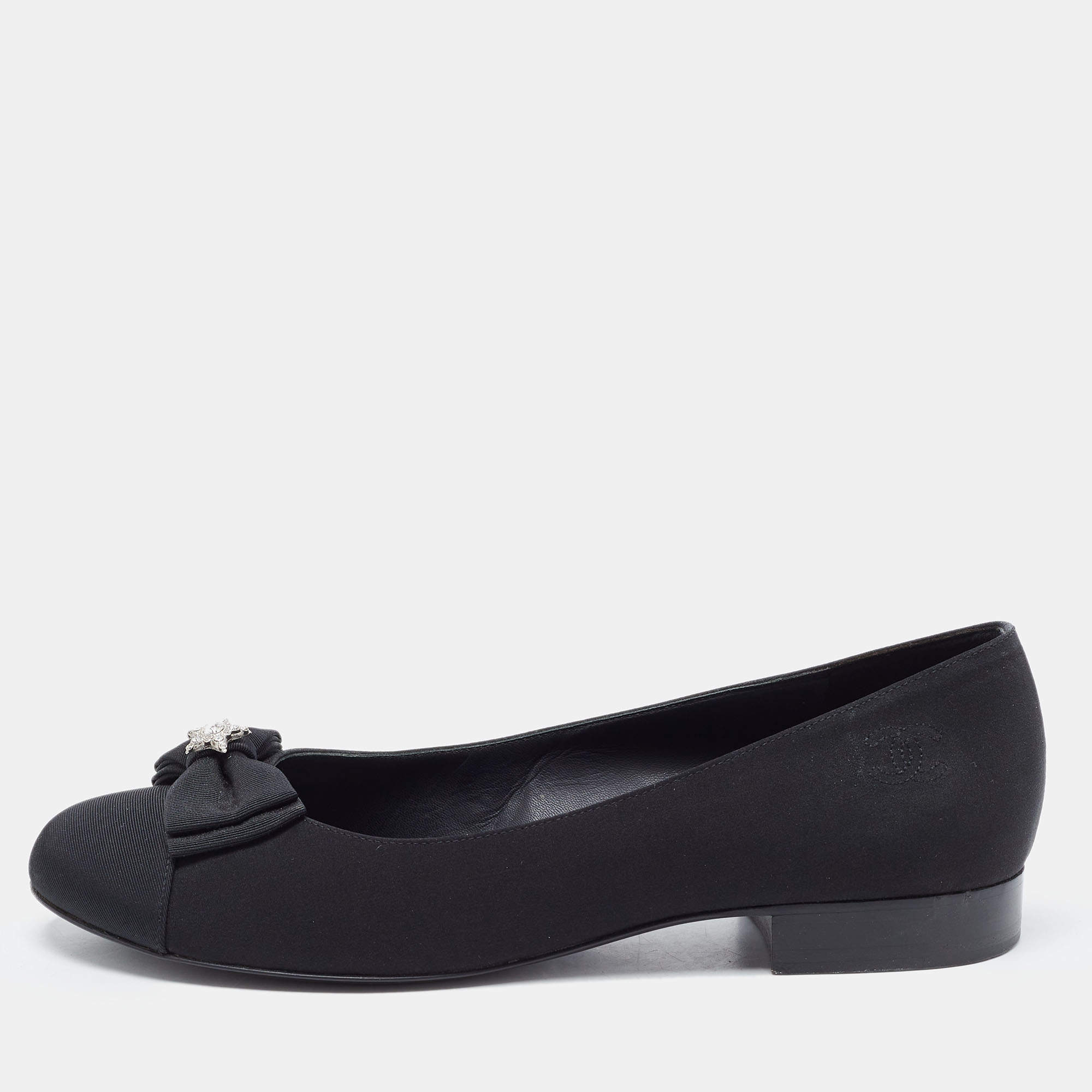 Chanel Black Canvas CC Cap Toe Bow Ballet Flats Size 39