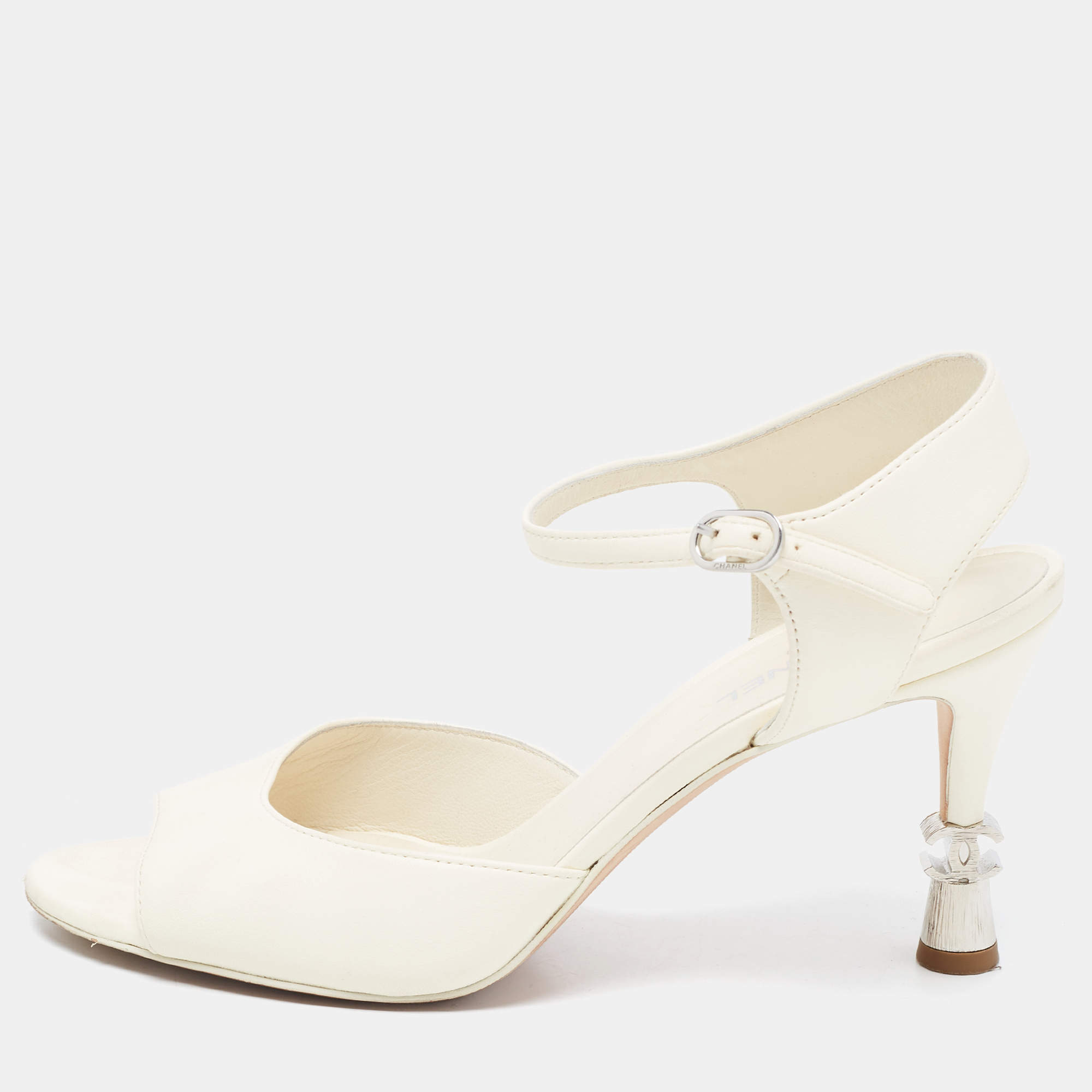 Chanel Cream Leather CC Ankle Strap Sandals Size 38
