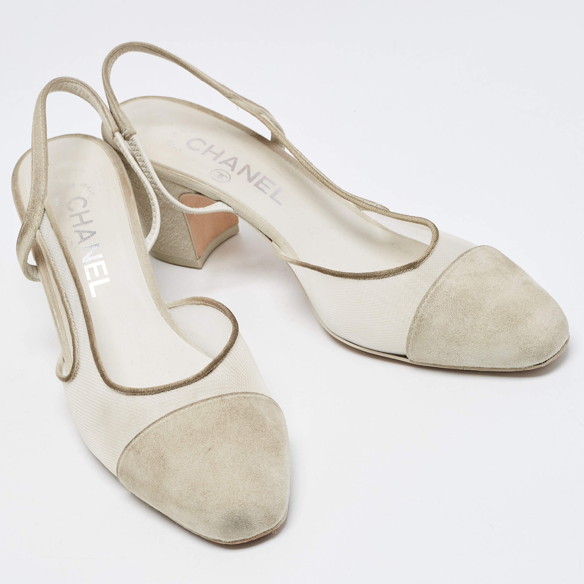 ベビーグッズも大集合 Mesh and Suede Grey Chanel Slingback Size Pumps Toe Cap CC 靴