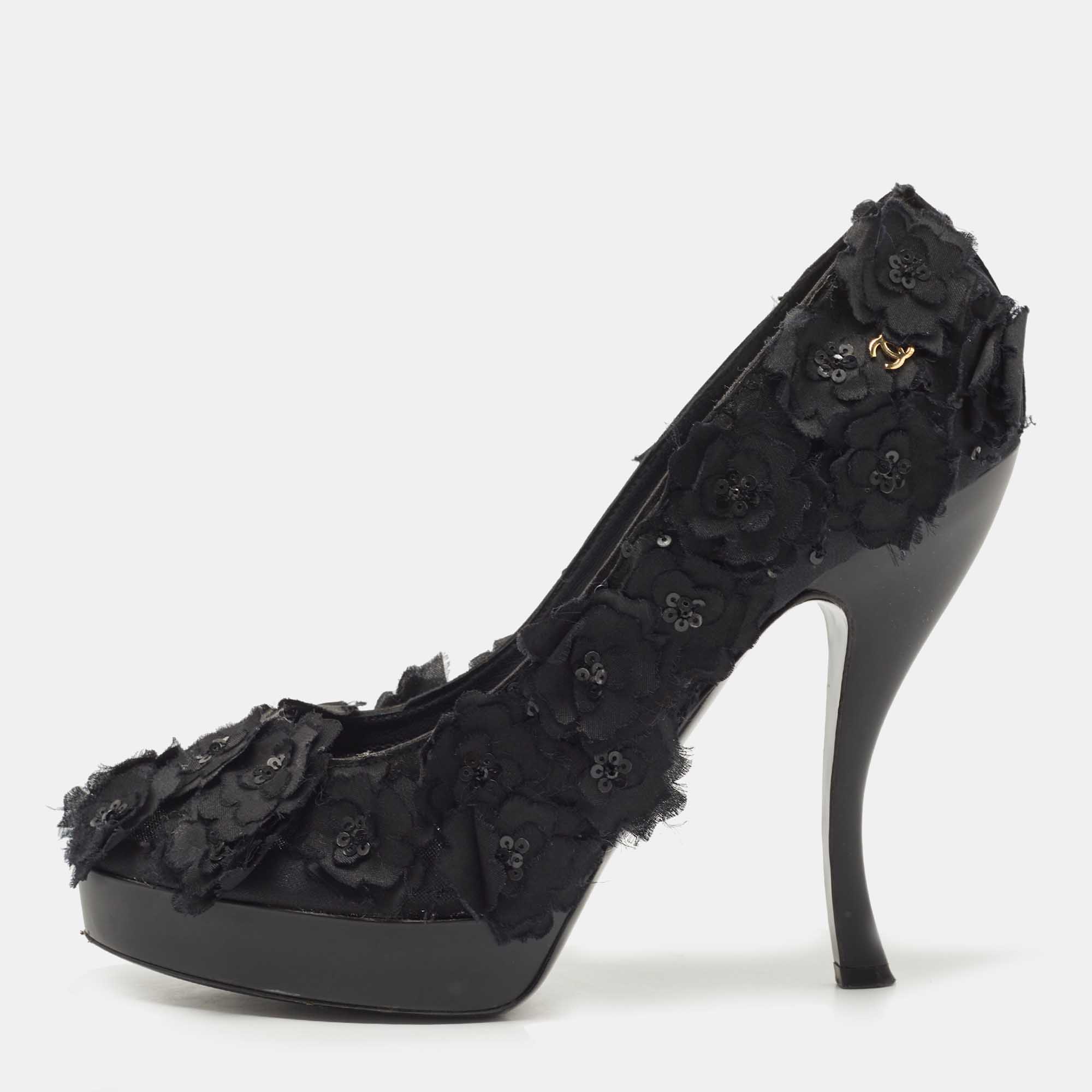 Pre Owned Chanel Black Fabric Organza Camellia CC Flower Platform Pump Size 40